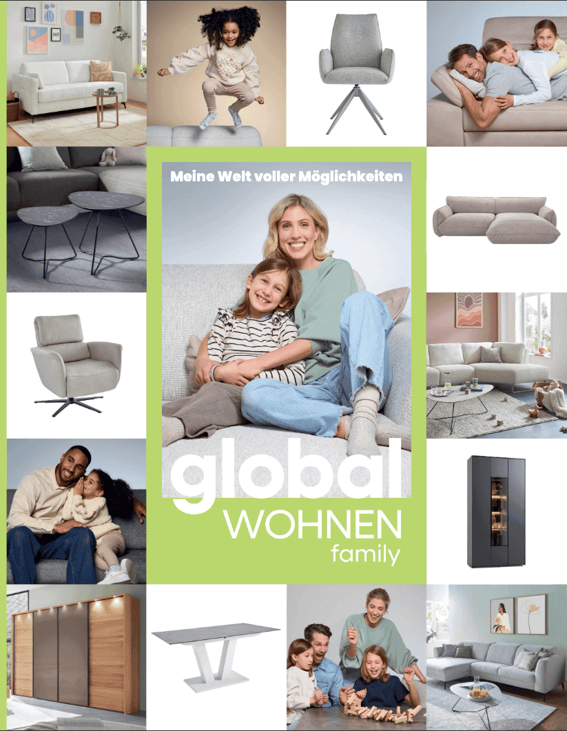 Collage aus Möbeln und Familienbildern, die ein modernes Wohnambiente und familiäre Glücksmomente zeigt.