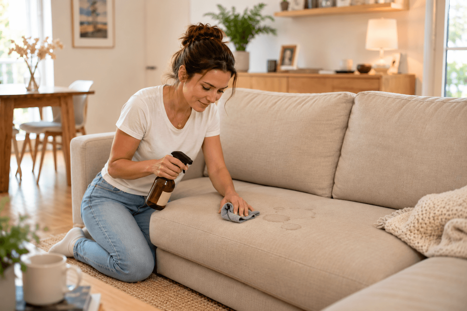 Eine Frau reinigt einen hellen Sofa mit einem Tuch und einem Reinigungsmittel in einem gemütlichen Raum.