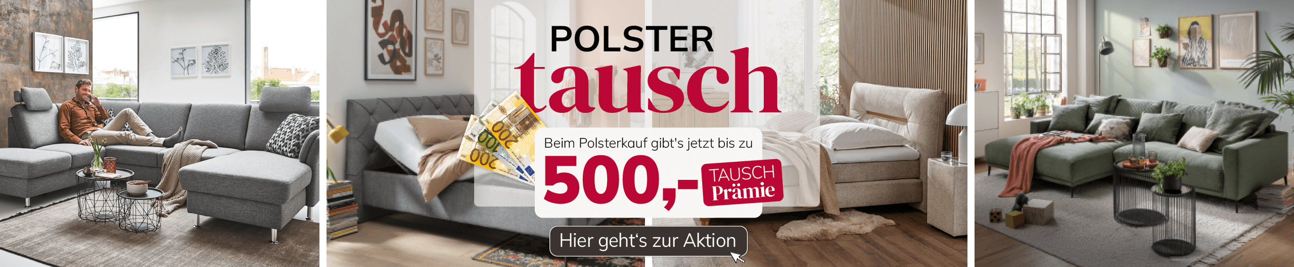 Drei verschiedene Wohnzimmer mit Sofas, Werbung für Polsterwechsel und ein Rabatt von 500 Euro.
