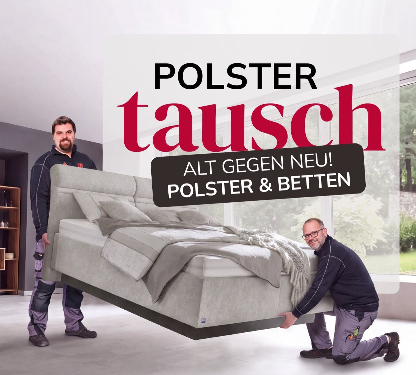 Polstertausch beim Wohnfuchs: Zwei Mitarbeiter tragen ein Boxspringbett – Alt gegen Neu, Polster & Betten