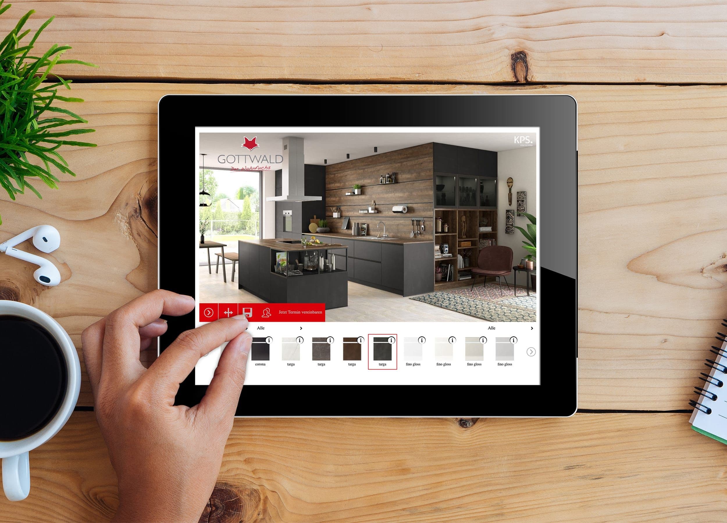 Schüller-Küchenkonfigurator mit Gottwald-Branding auf einem Tablet