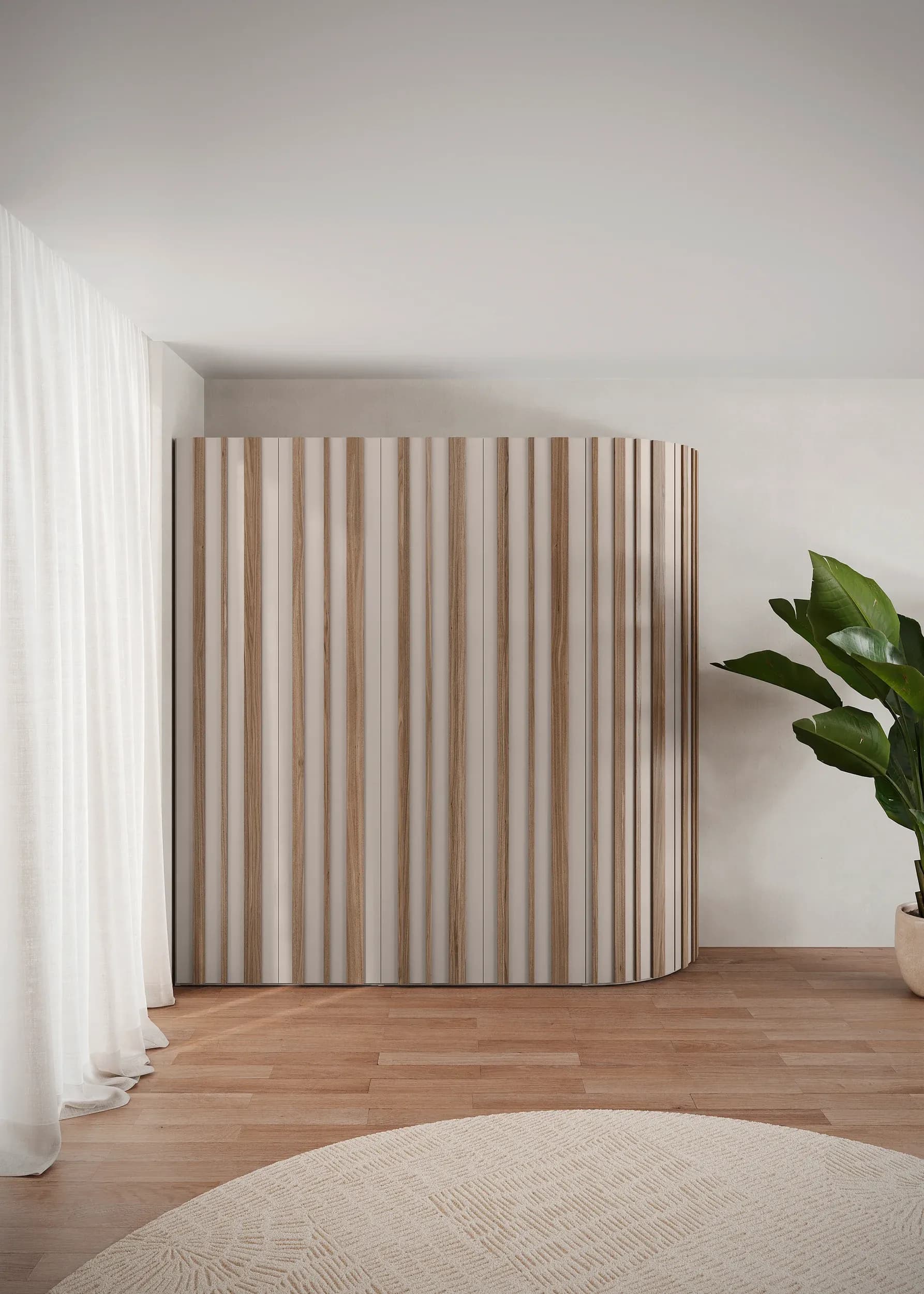 Drehtürenschrank Solina Stave - B ca. 240cm, Lack matt Taupe, furniert Nussbaum bianco
