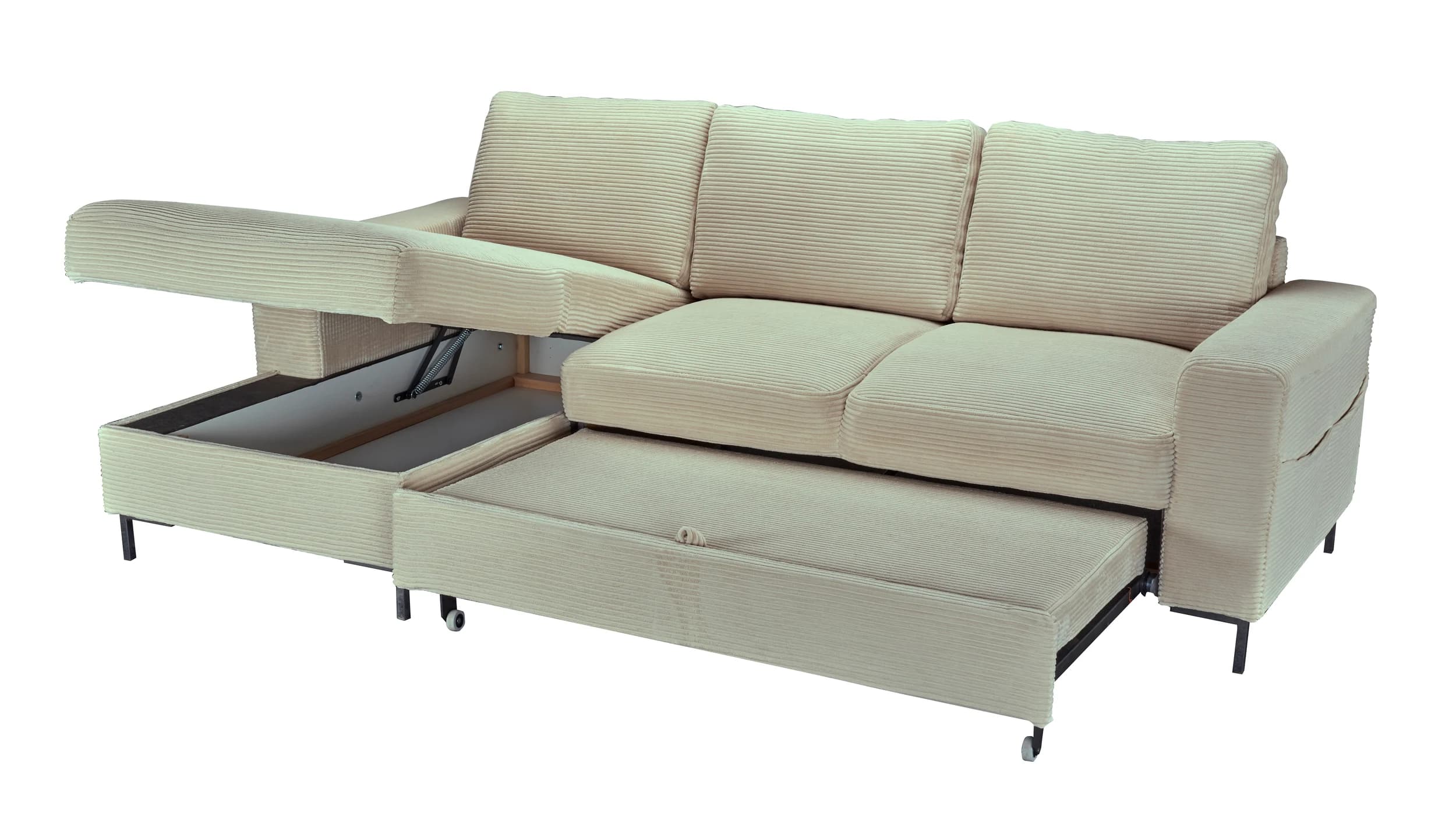 Ecksofa - Longchair links mit 2-Sitzer, Schlaffunktion mit Bettkasten, Stoff, Creme