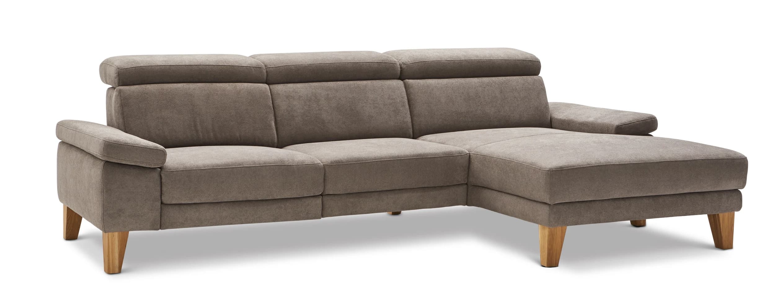 Ecksofa Hudson - 2,5-Sitzer mit Longchair rechts, inkl. Kopfteil/Armlehne verstellbar und Relaxfunktion (motorisch), Stoff, Steingrau