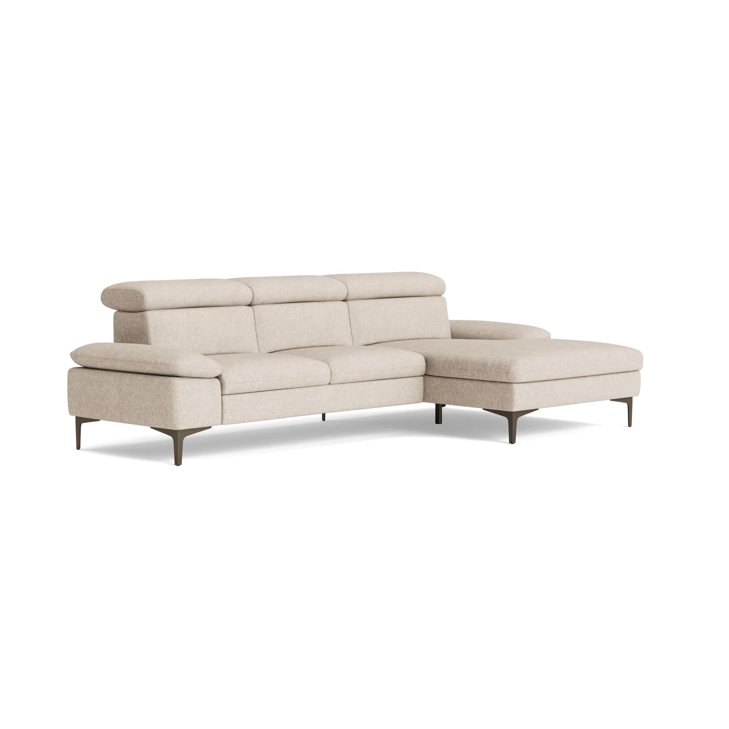 Ecksofa Felipa - 3-Sitzer mit Longchair rechts inkl. Armlehne und Kopfteil verstellbar, Stoff, Graubeige