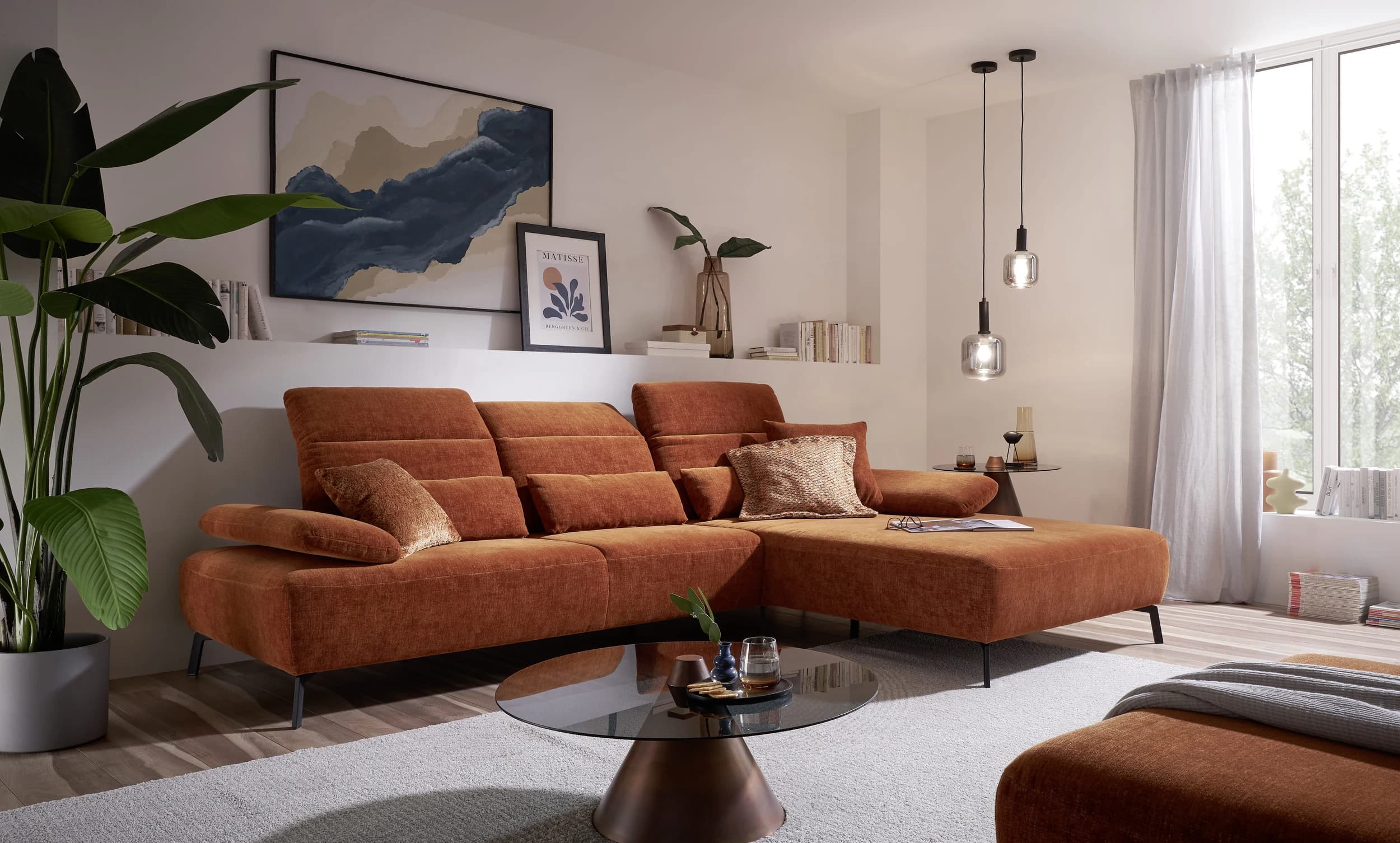 Ecksofa EM Setupal - 2,5-Sitzer mit Longchair rechts, Kopfteil/Armlehne/Rücken verstellbar, Stoff, Rost