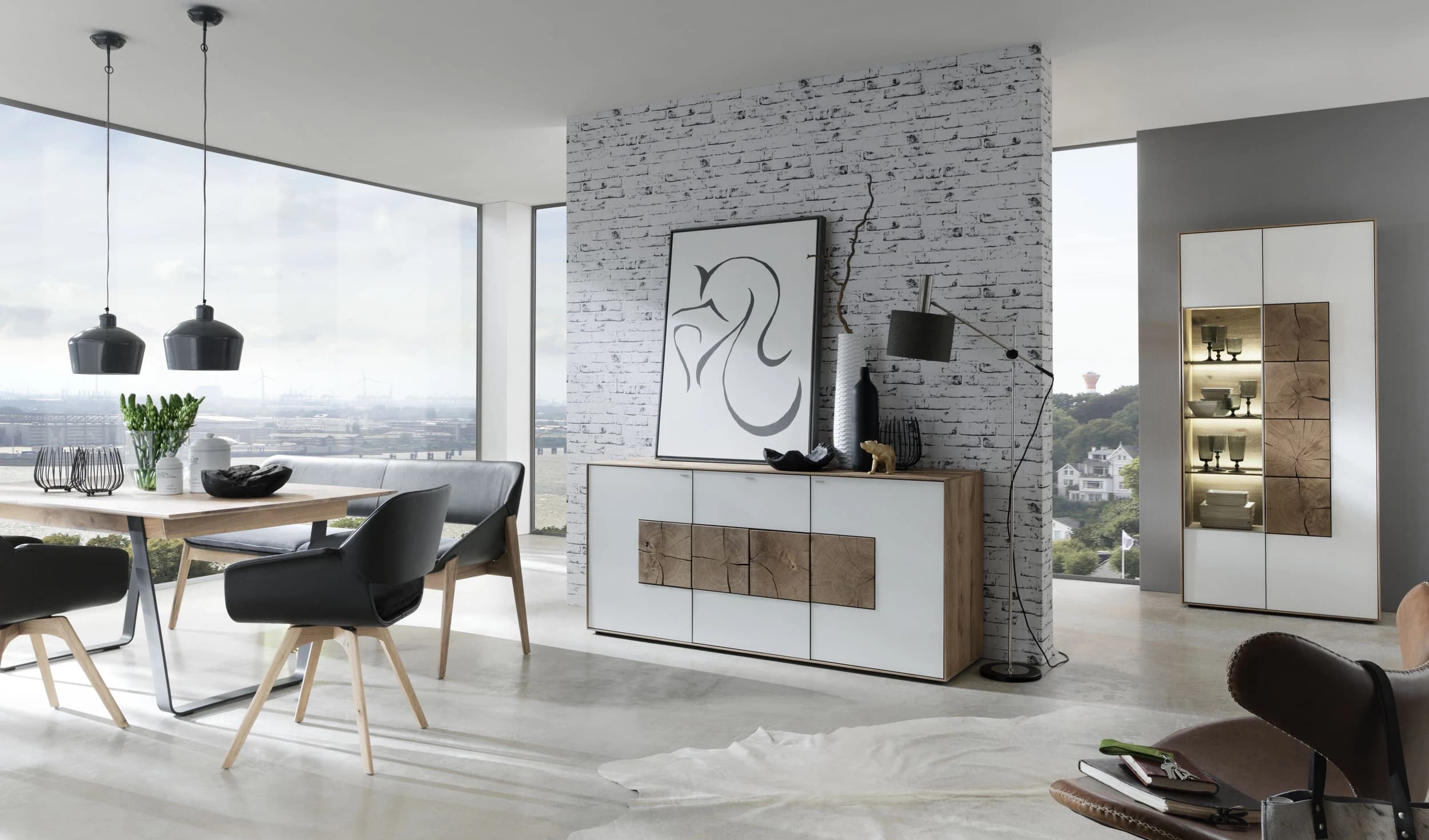 Sideboard - Kerneiche massiv, Mattglas, Weiß mit Hirnholzscheiben