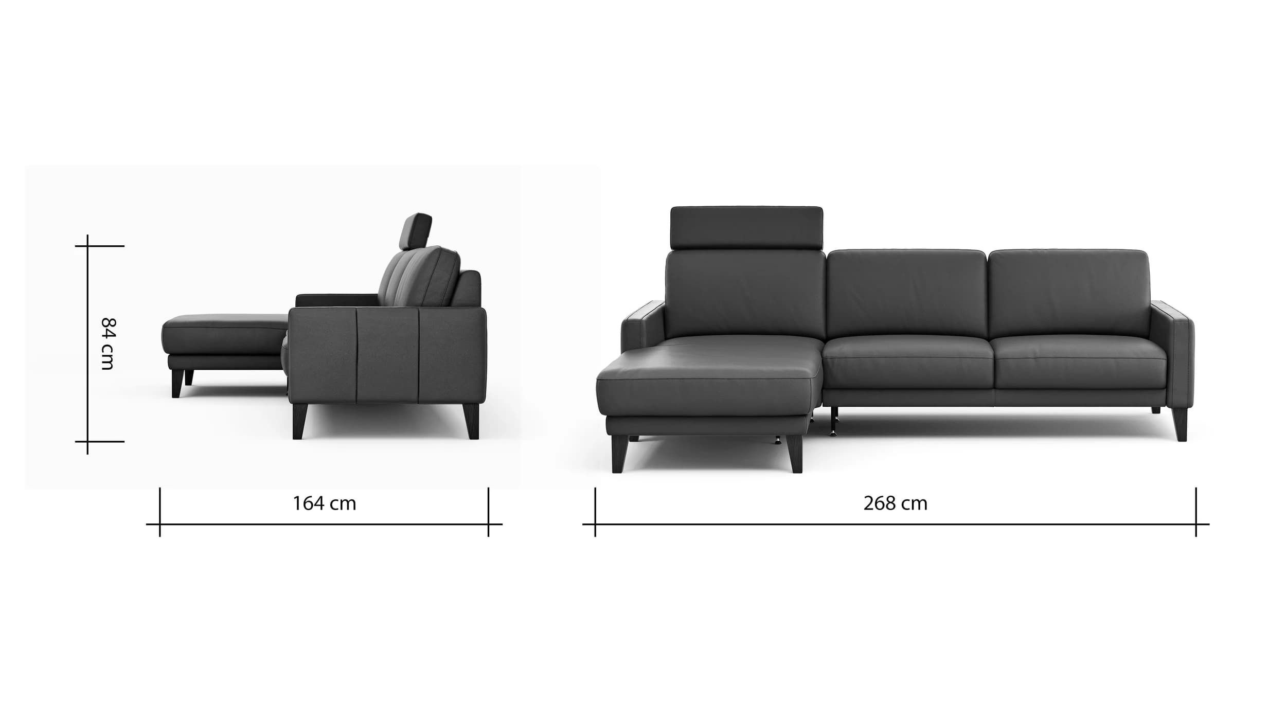 Ecksofa Matero - Longchair mit 2,5-Sitzer rechts inkl. Relaxfunktion motorisch, Leder, Anthrazit