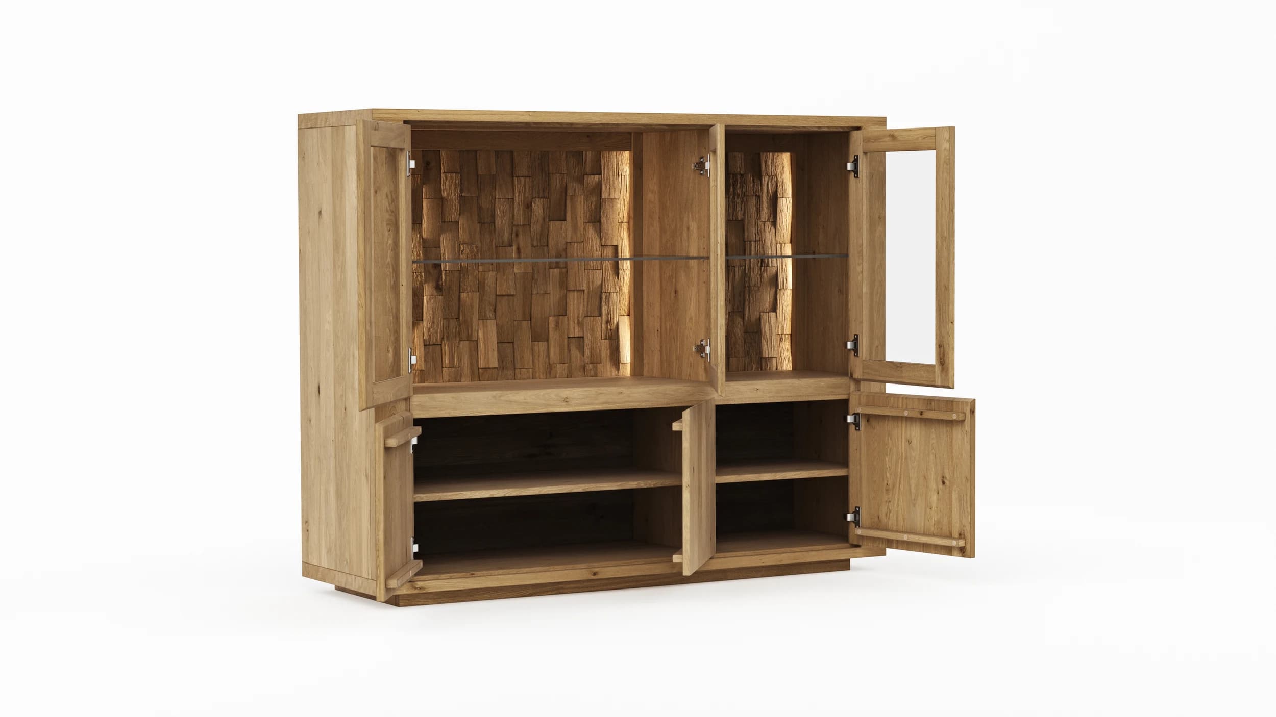 Highboard Bakersfield - inkl. Beleuchtung, Rückwand mit Holzschindeln, Asteiche massiv, geölt