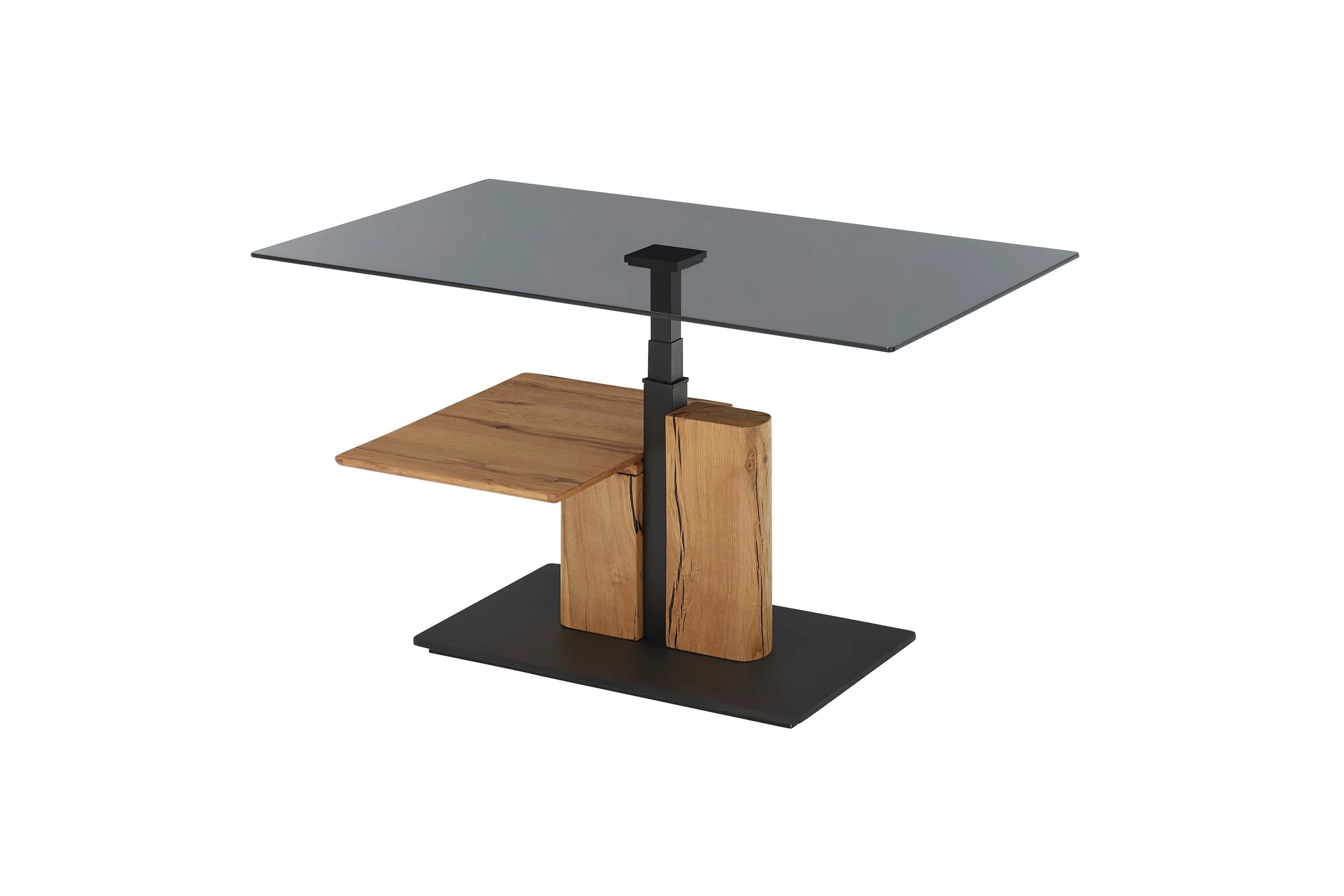 Couchtisch - höhenverstellbar, LBH ca. 105x65x45 cm, Glas grau, Eiche massiv