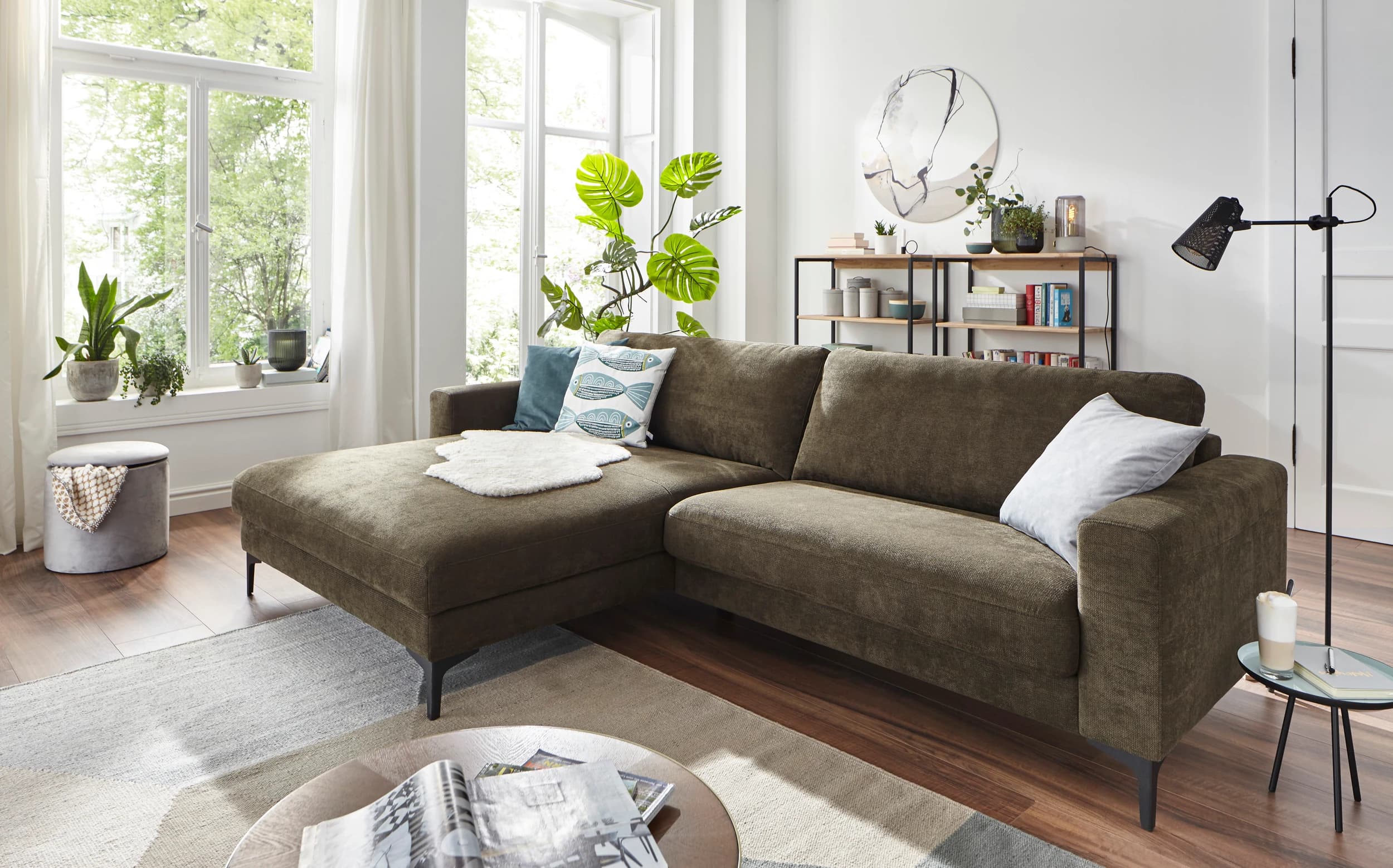 Ecksofa Oviedo - Longchair links mit 1,5-Sitzer, Stoff, Braungrün
