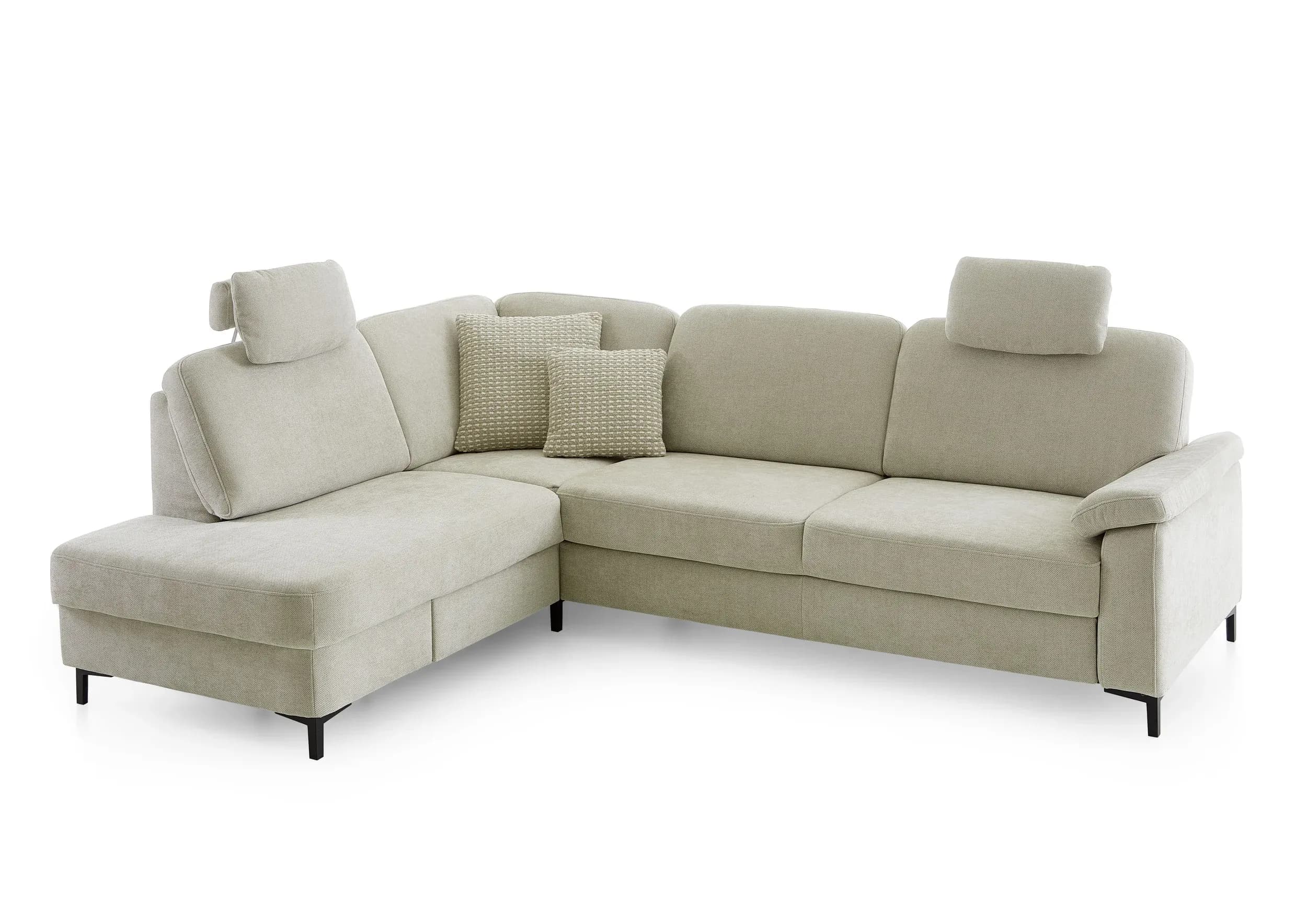 Ecksofa - Ecke links, 3-Sitzer inkl. Schlaffunktion mit Bettkasten, Premiumkopfstützen, 2 ZierkissenStoff, Beige