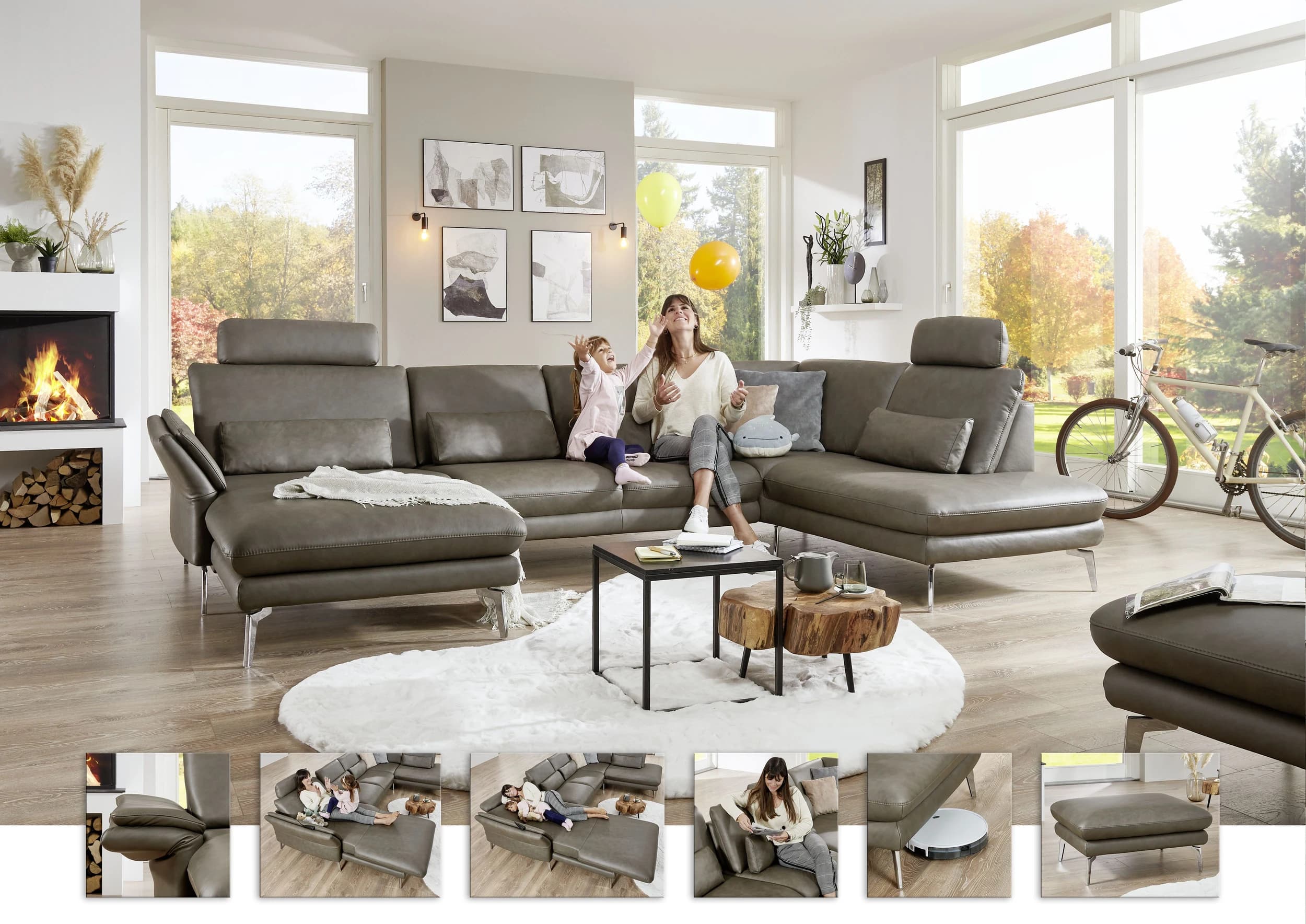Wohnlandschaft - Longchair links mit 2,5-Sitzer und Ecke rechts, Leder, Dunkelgrau