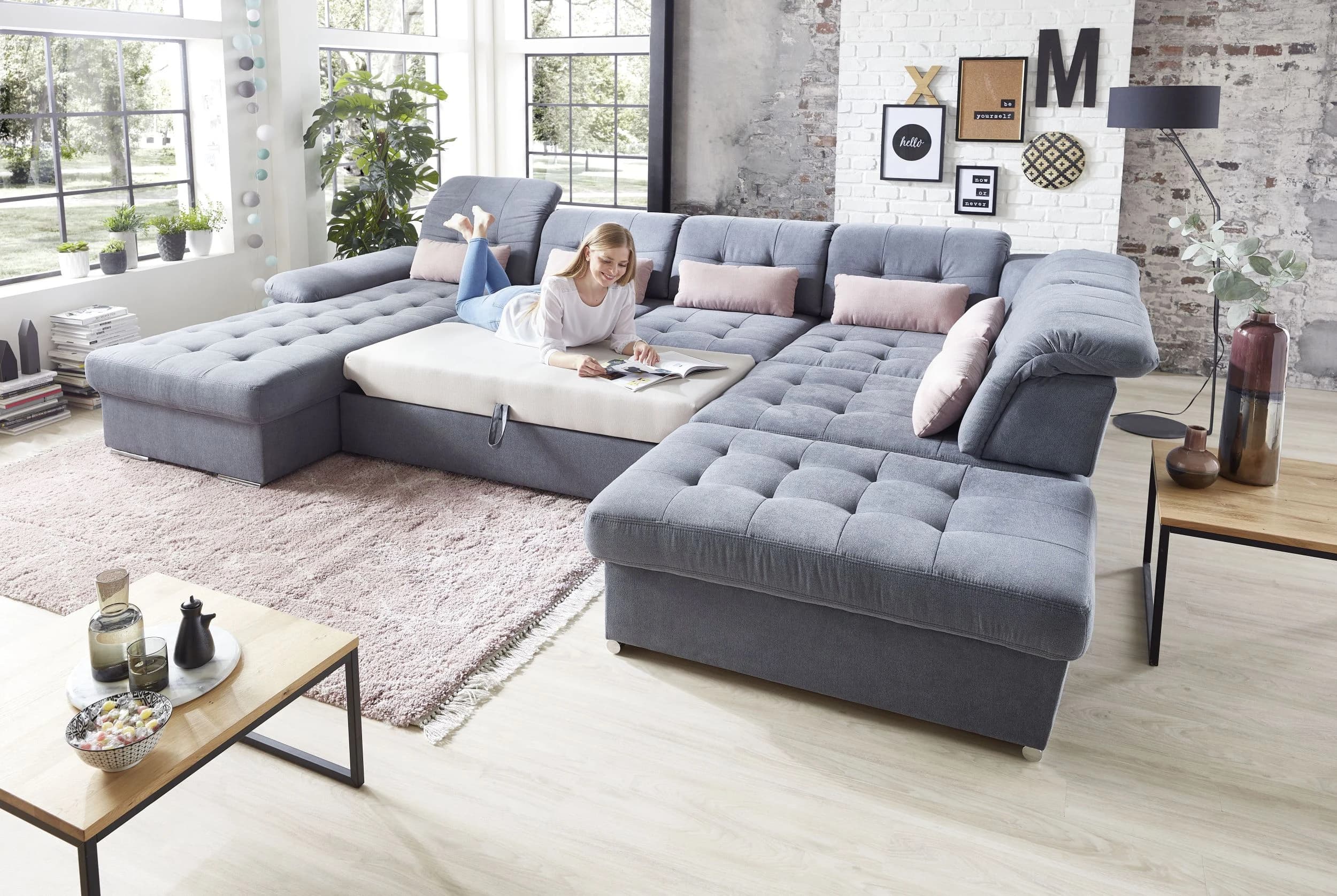 Wohnlandschaft - Longchair links, 3-Sitzer, Ecke rechts inkl. Schlaffunktion, Bettkasten, 