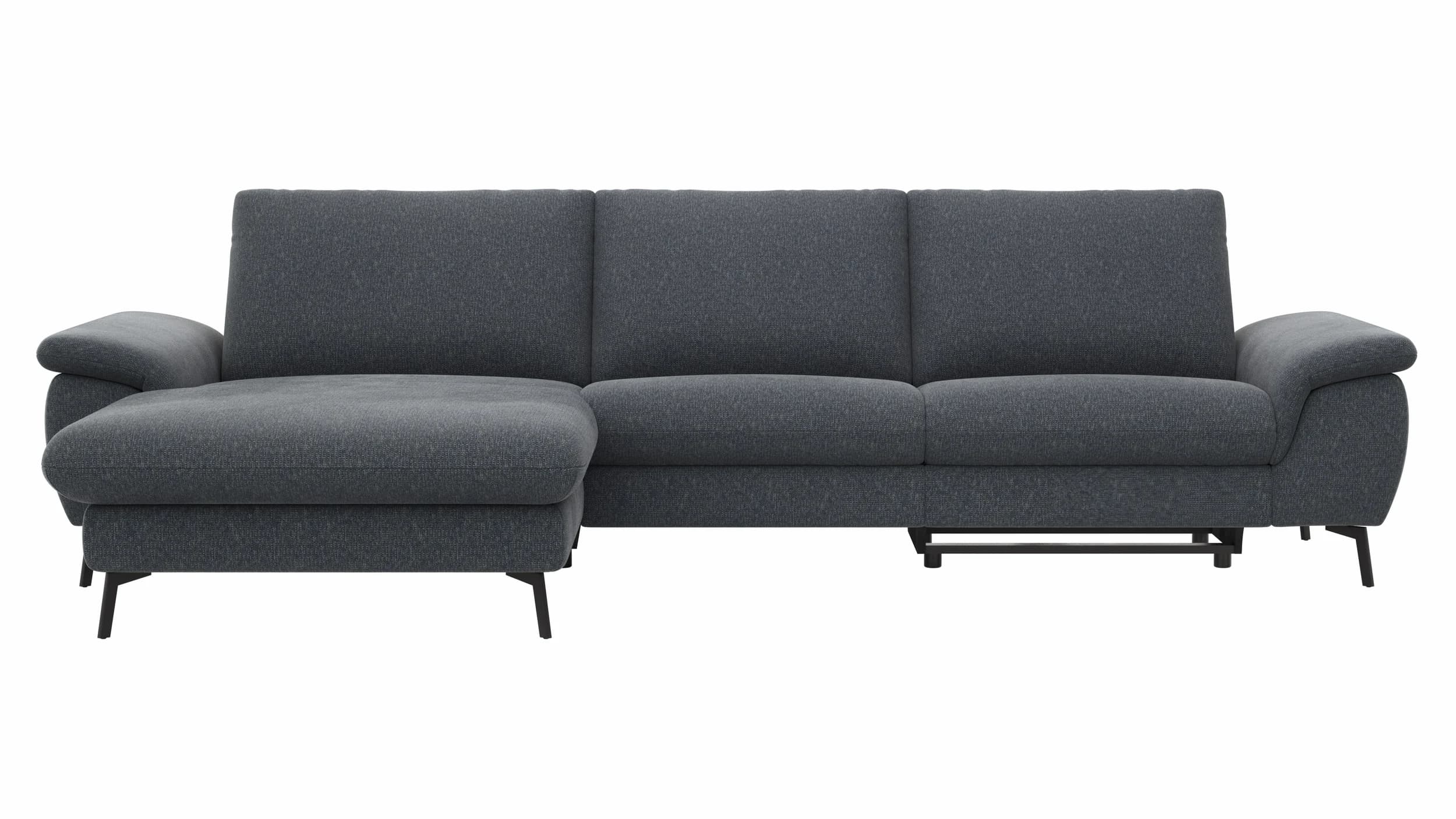 Ecksofa Gotera - Longchair groß mit 1,5-Sitzer med + 1,5-Sitzer med rechts inkl. Schlaffunktion (teilmotorisch), Armlehne klappbar, Rückenlehne verstellbar und einmal Relaxfunktion (teilmotorisch), Stoff, Anthrazit