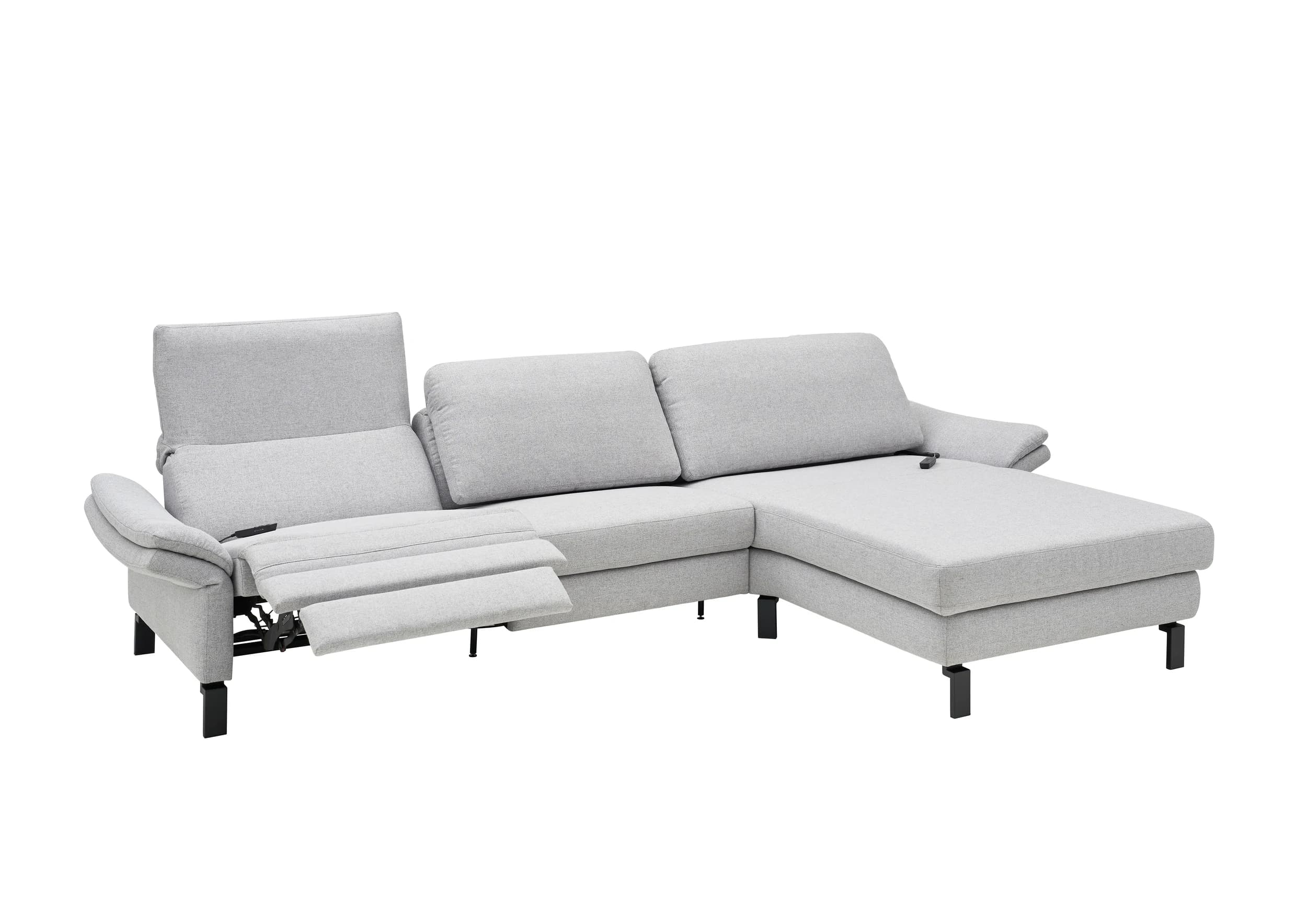 Ecksofa - 3-Sitzer mit Longchair rechts, Relaxfunktion motorisch, Stoff, Hellgrau