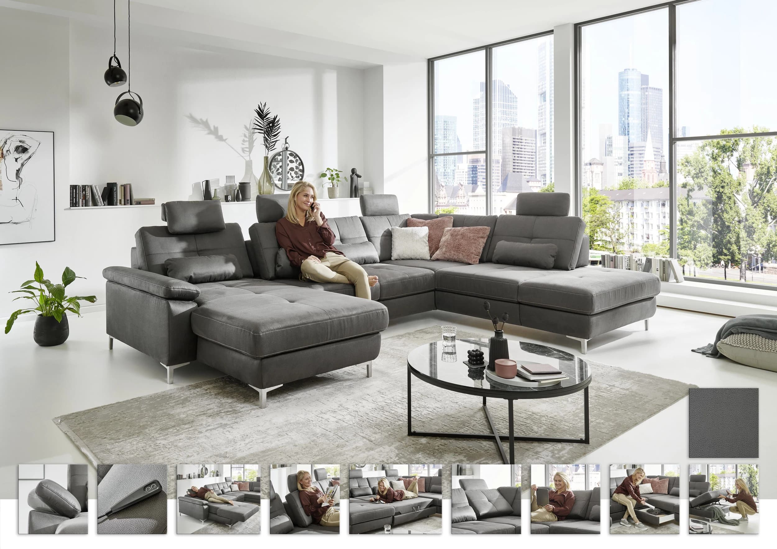 Wohnlandschaft - Longchair links mit 2,5-Sitzer und Ecke rechts, Sitztiefe verstellbar, Stoff, Eisengrau
