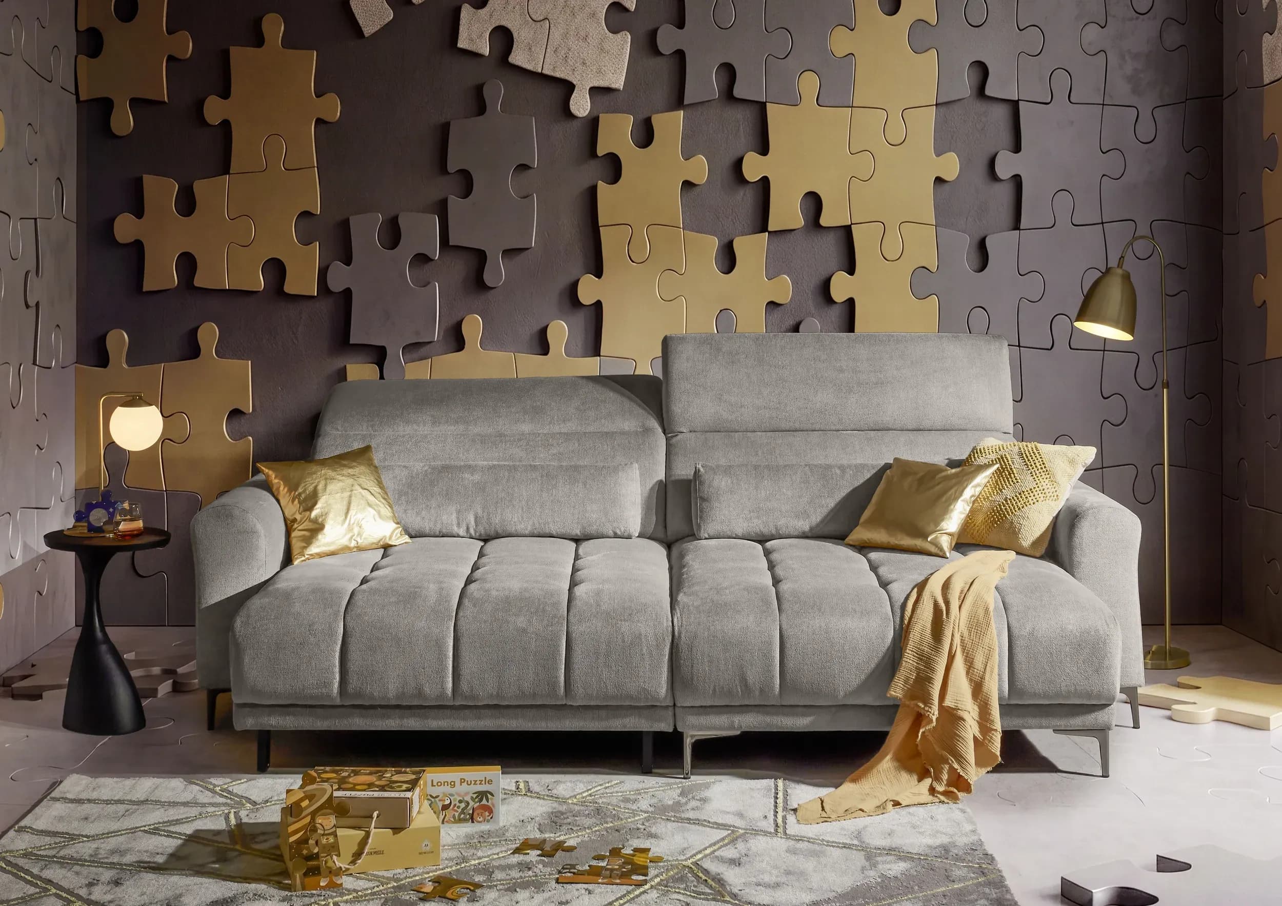 Ecksofa MINAO - 1,5-Sitzer mit Longchair rechts, Sitztiefe verstellbar motorisch, Kopfteil verstellbar, Stoff, Truffle