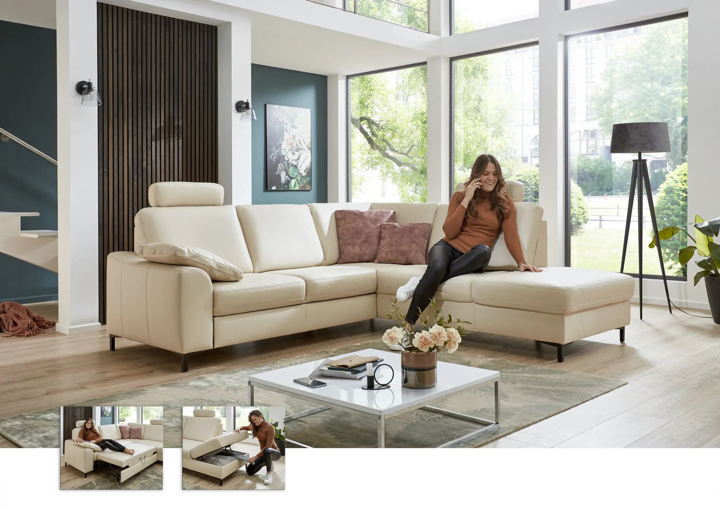 Ecksofa - 2,5-Sitzer mit Ecke rechts, Leder, Ecru