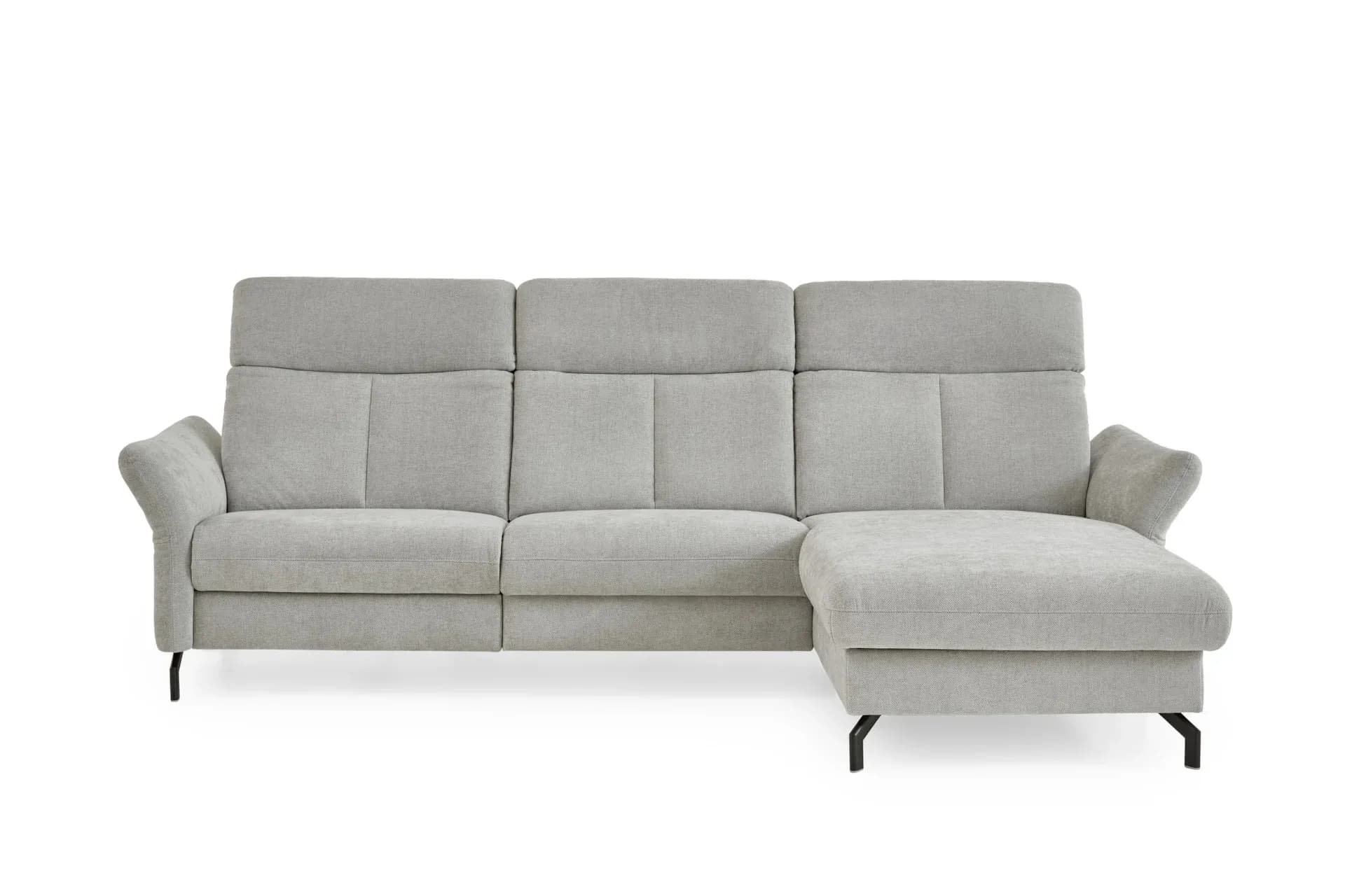 Ecksofa - 2-Sitzer mit Longchair rechts, Kopfteil verstellbar, Stoff, Silbergrau