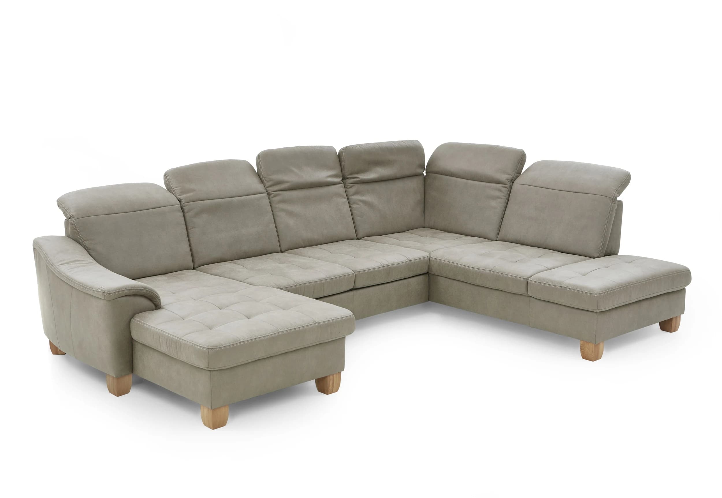 Wohnlandschaft - Longchair links mit 2,5-Sitzer und Ecke rechts, Kopfteil verstellbar, Stoff, Platin
