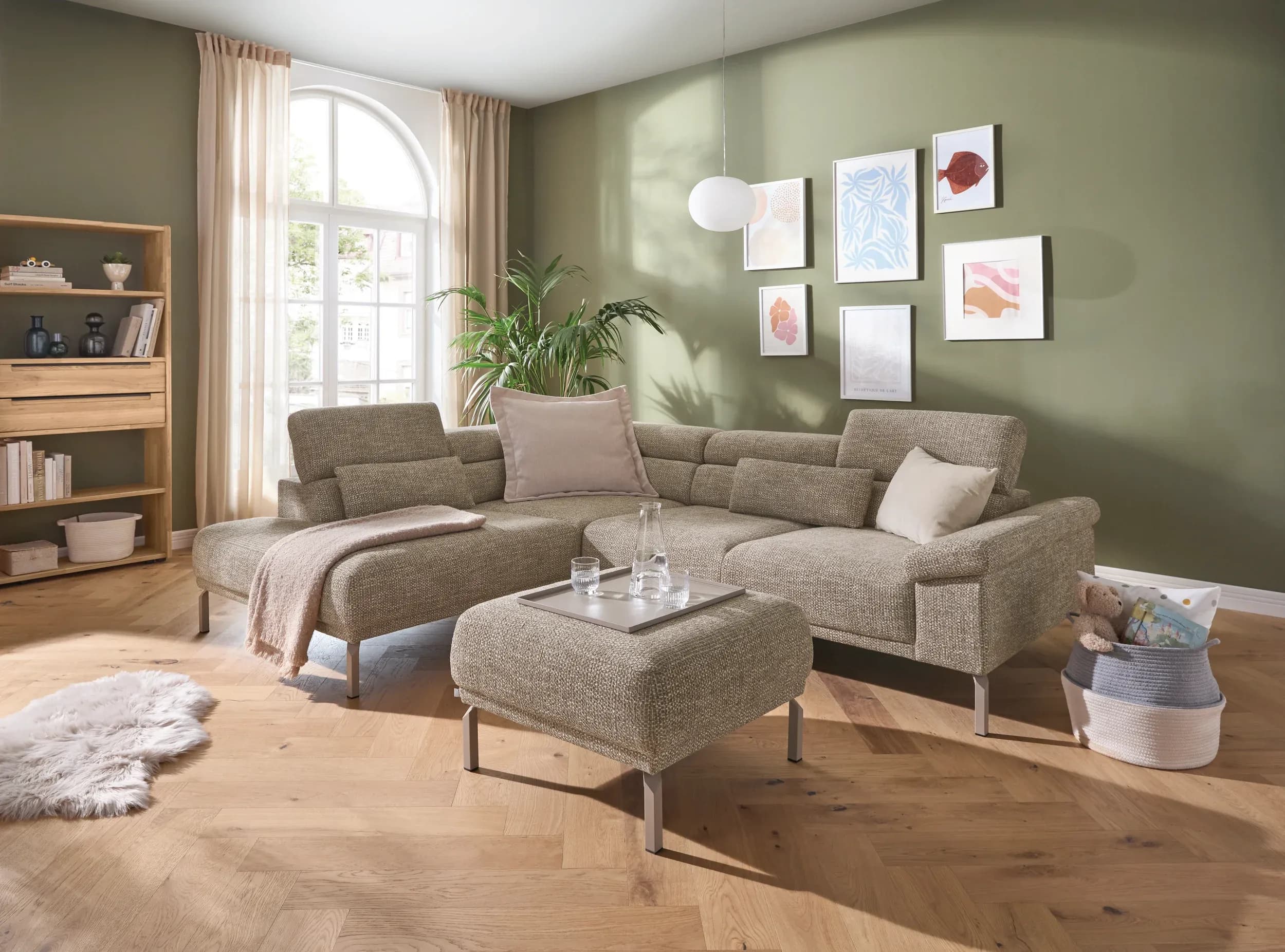 Ecksofa Bolonia - Ecke und Abschlussteil mit 2-Sitzer rechts inkl. Kopfteile und Rückenlehnen verstellbar, Stoff, Graubeige