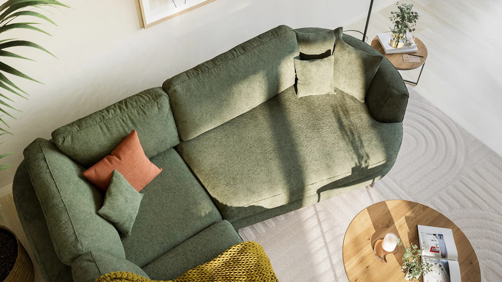 Ecksofa Solenne - Ottomane links mit Diwan rund rechts, Stoff, Olive