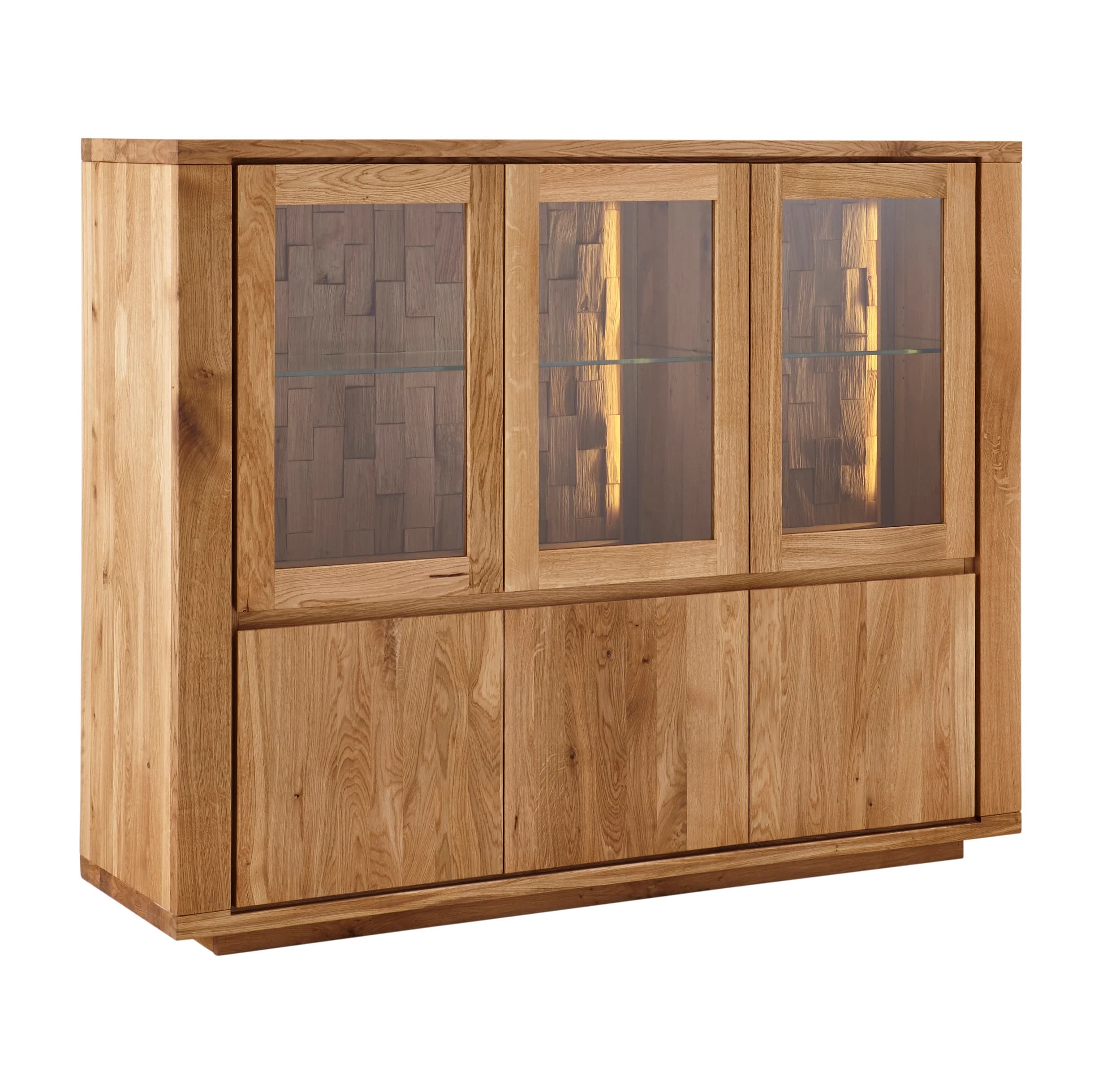 Highboard Bakersfield - inkl. Beleuchtung, Rückwand mit Holzschindeln, Asteiche massiv, geölt