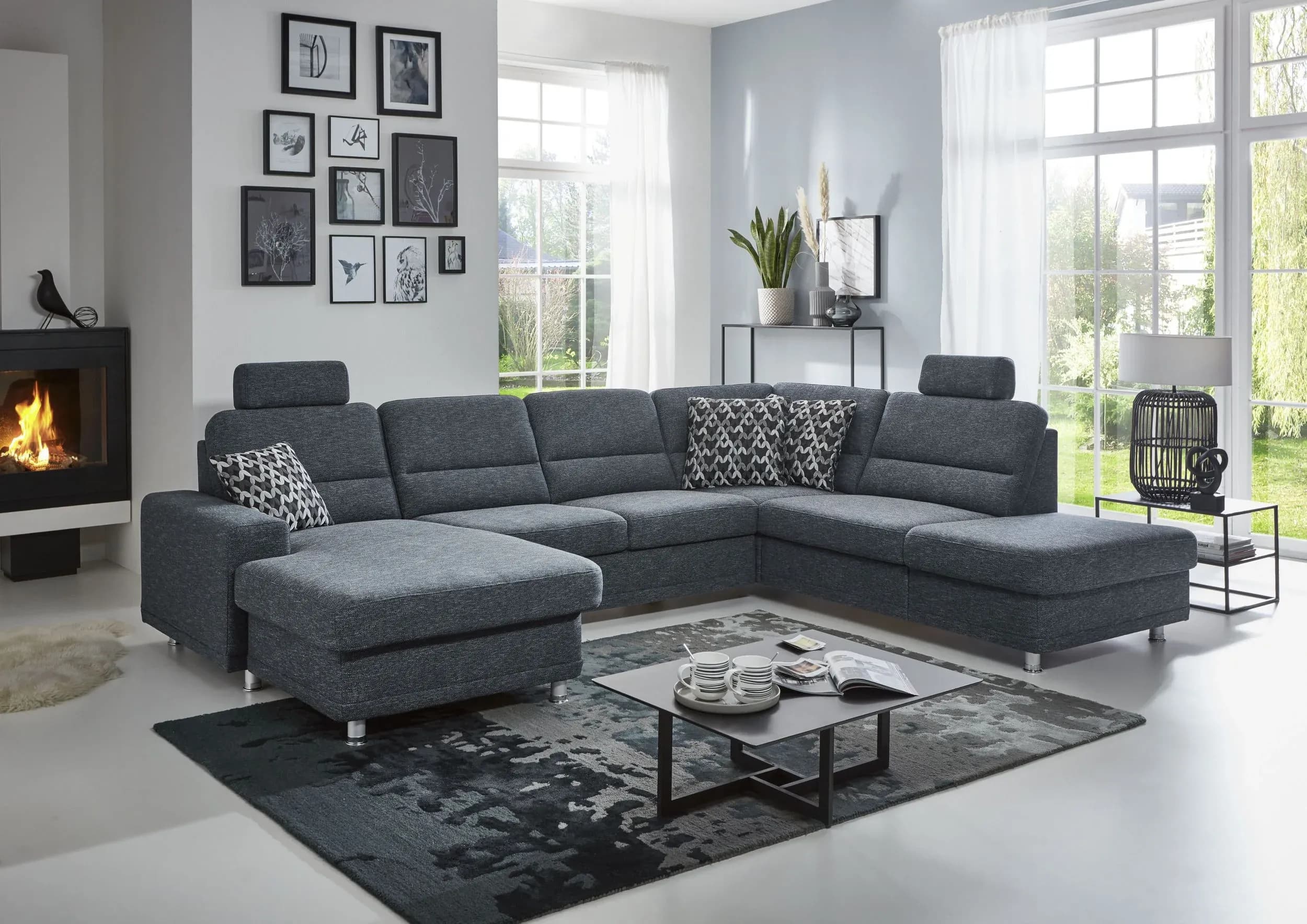 Wohnlandschaft - Longchair links mit 2,5-Sitzer und Ecke rechts, Stoff Dunkelblau