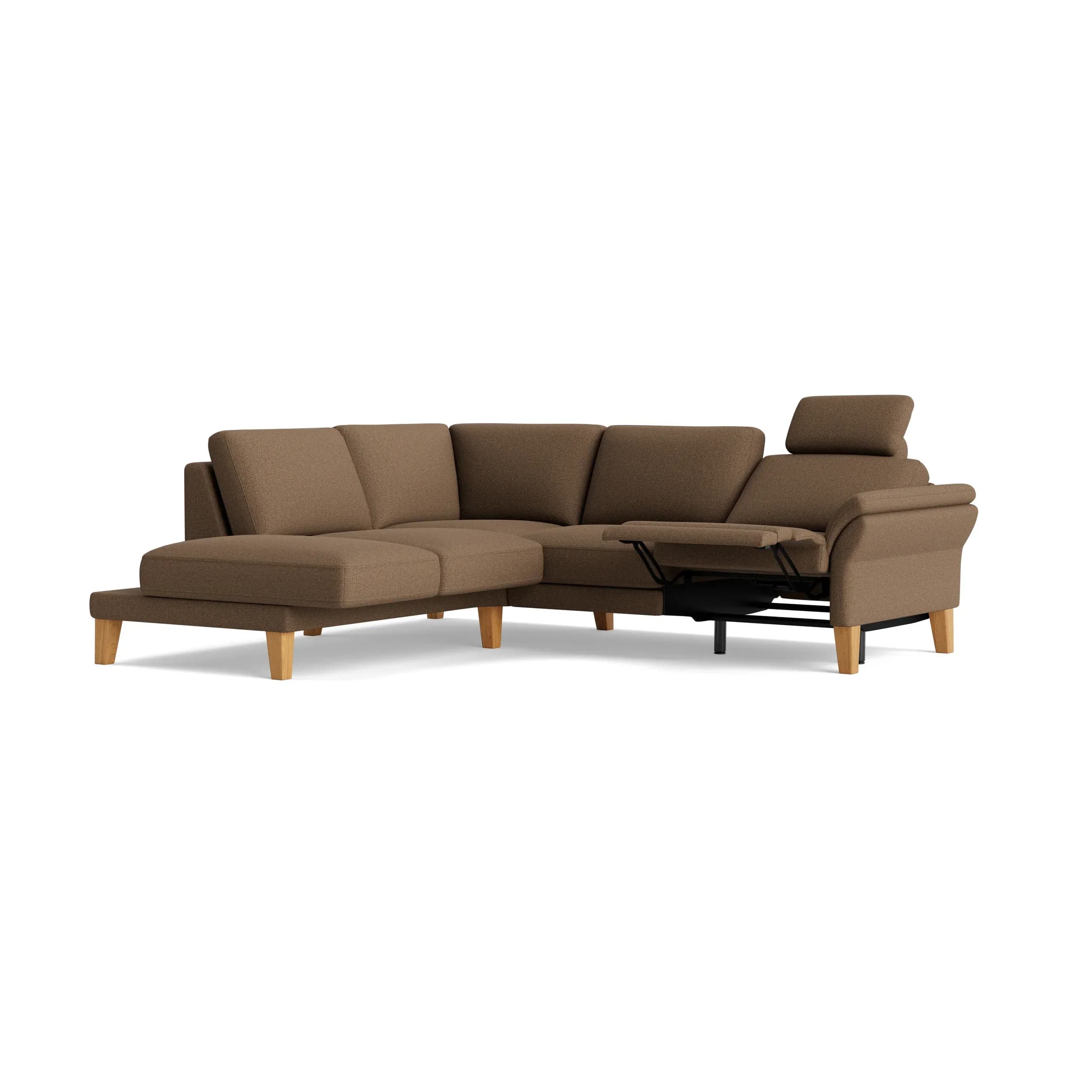 Ecksofa Rockport A - Ecke links mit 2,5-Sitzer, inkl. Relaxfunktion (motorisch), Sitzauszug (motorisch), Armlehne klappbar, Kopfstütze verstellbar, Stoff, Caramel