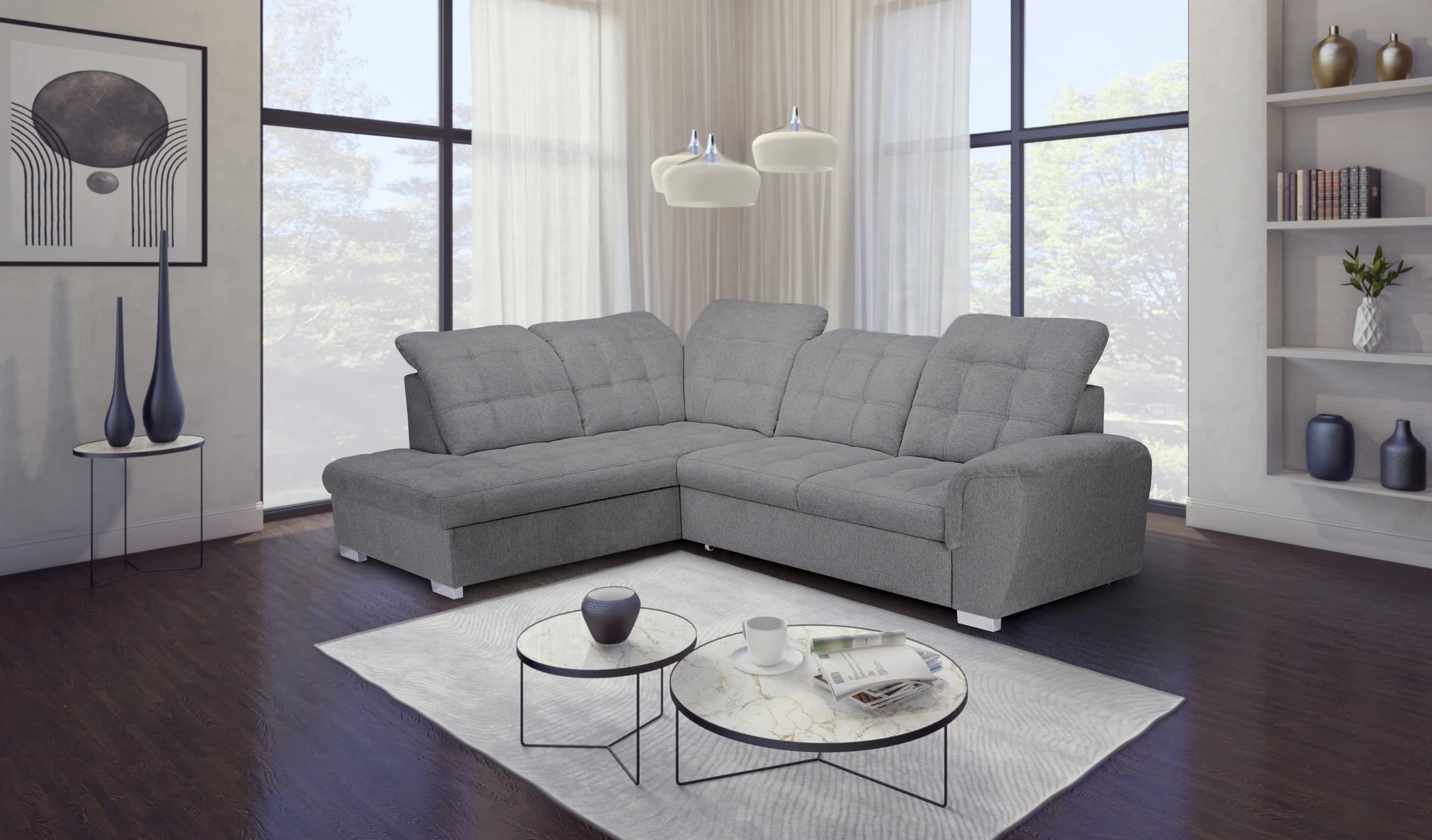 Ecksofa - Ecke links, 2-Sitzer inkl. Schlaffunktion und Bettkasten, verstellbare Kopfstützen, Stoff, Grau