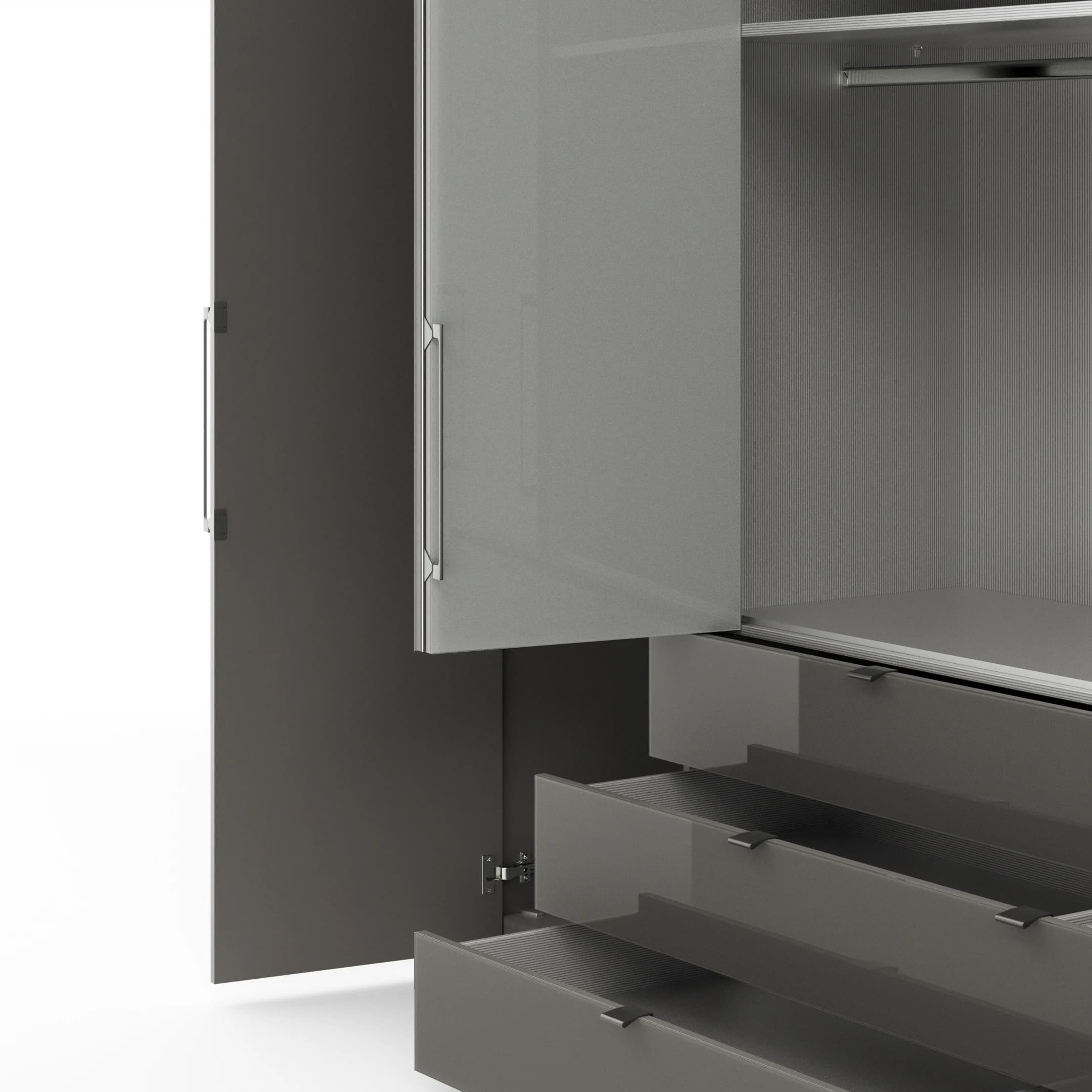 Drehtürenschrank Marbella - B. ca. 257cm, Korpus Melamin, Grau, Front Glas, Weiß