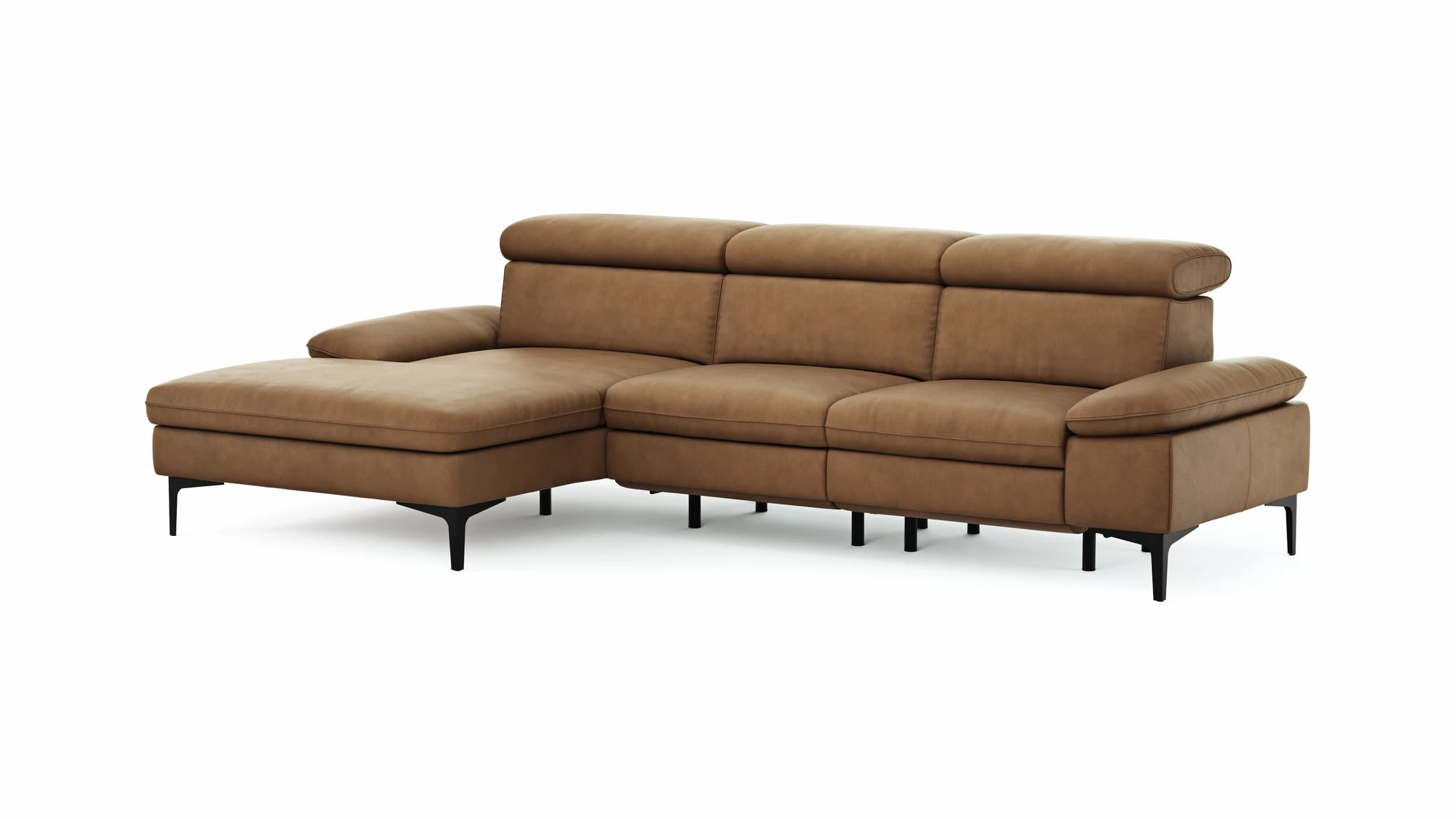 Ecksofa Felipa - Longchair links mit 2,5-Sitzer inkl. Armlehne verstellbar und Rückenlehne/Sitztiefe verstellbar (motorisch), Leder, Cognac