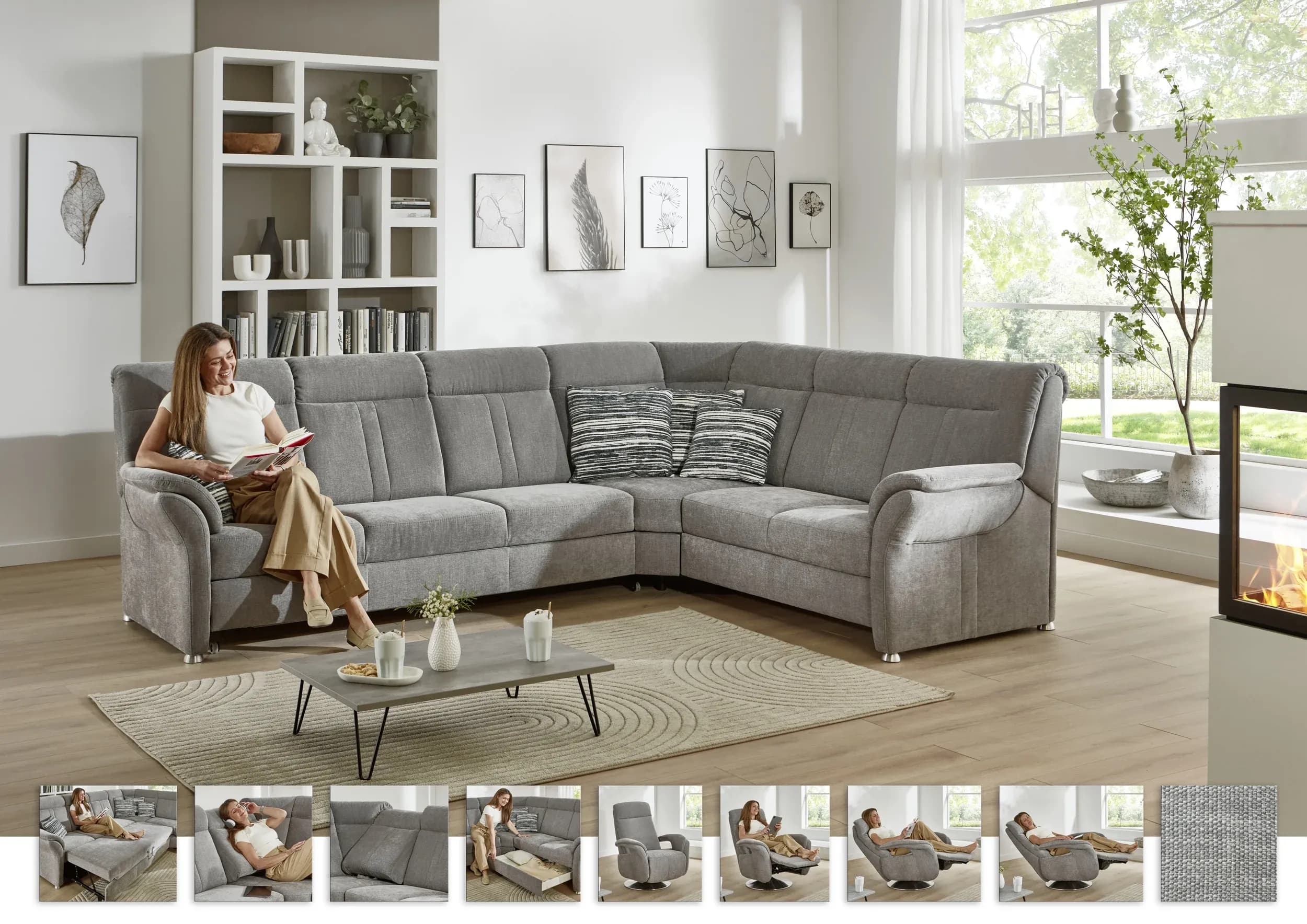 Ecksofa - 3-Sitzer mit Ecke rechts, Stoff, Grau