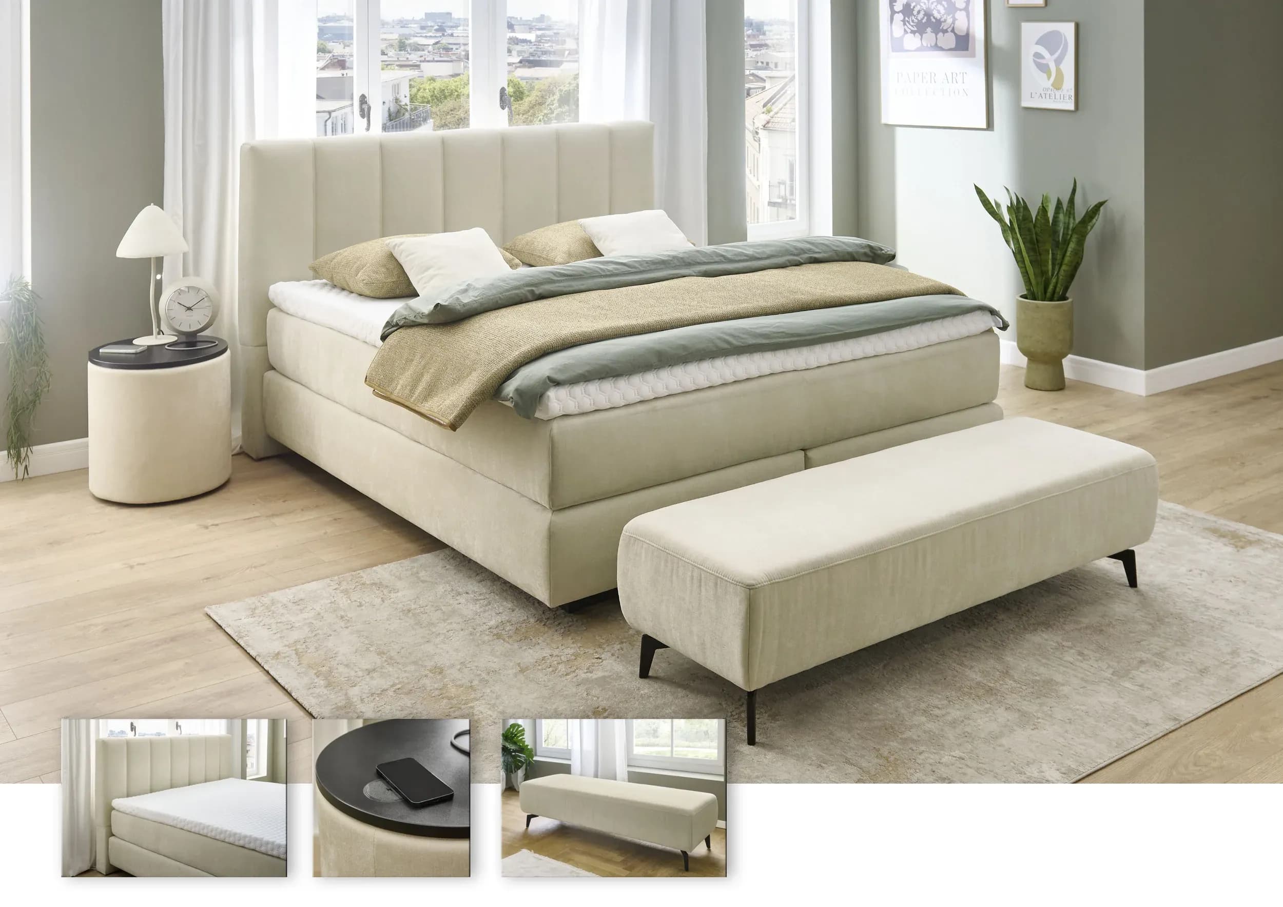 Boxspringbett - Liegefläche ca. 180x200 cm, Stoff, Natur