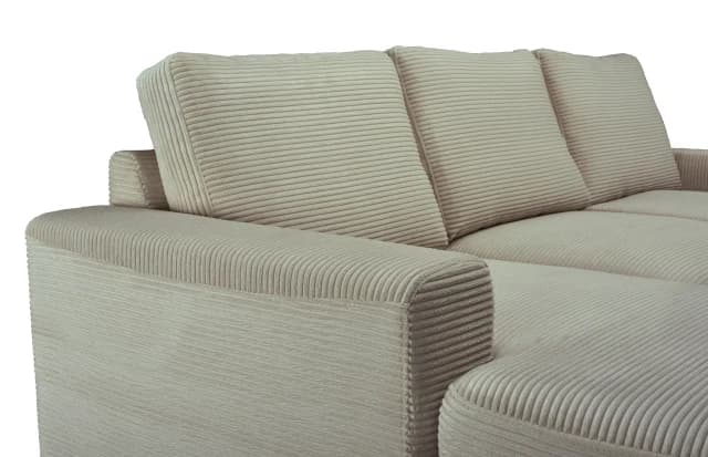 Ecksofa - 2-Sitzer mit Longchair rechts, Schlaffunktion mit Bettkasten, Stoff, Creme