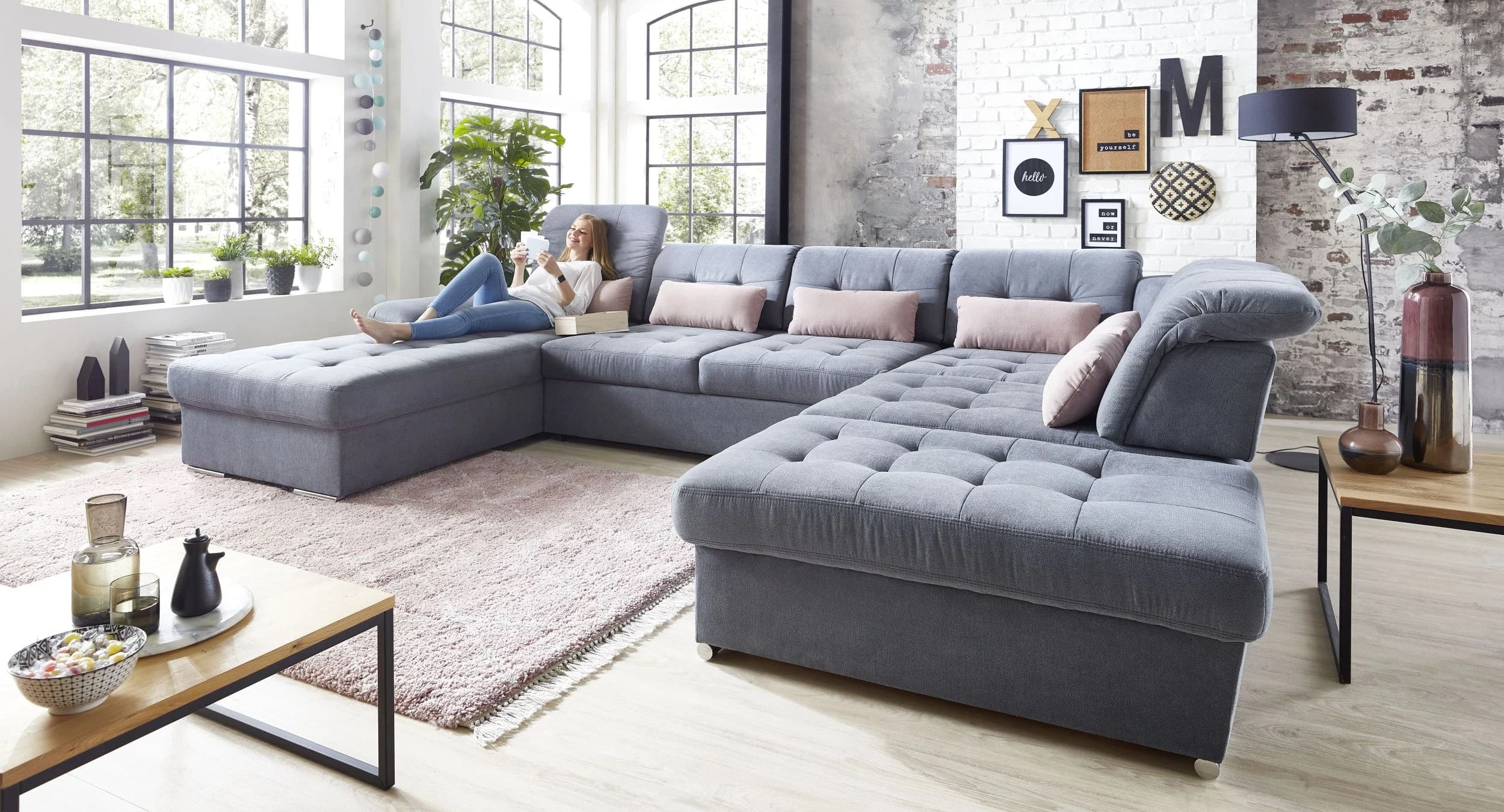 Wohnlandschaft - Longchair links, 3-Sitzer, Ecke rechts inkl. Schlaffunktion, Bettkasten, 