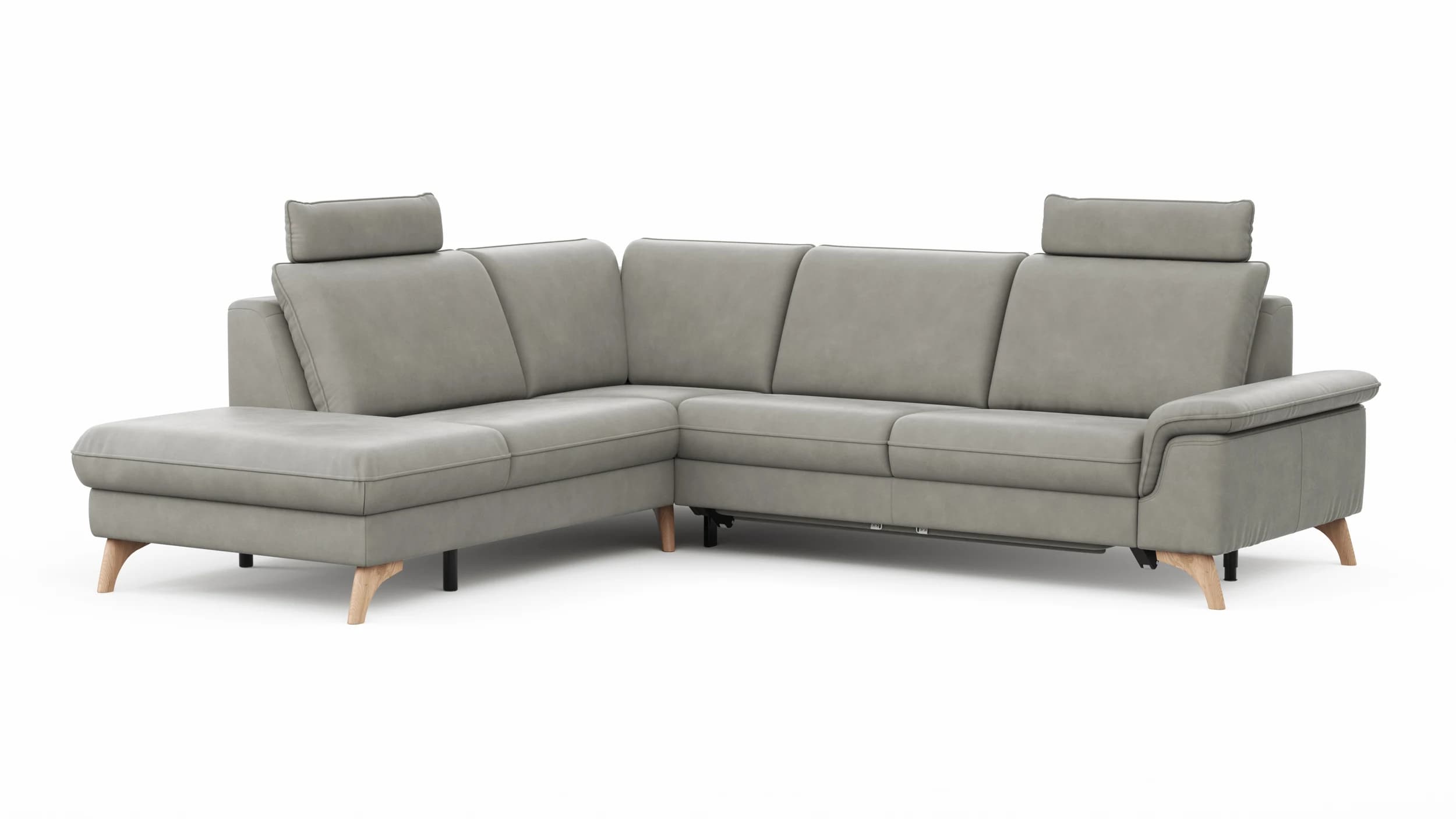 Ecksofa Tulsa KS - 1,5-Sitzer mit Anstellhocker aufklappbar links, Spitzecke und 2,5-Sitzer rechts, inkl. Kopfstütze, AL verstellbar und Schlaffunktion, Leder, Graubeige