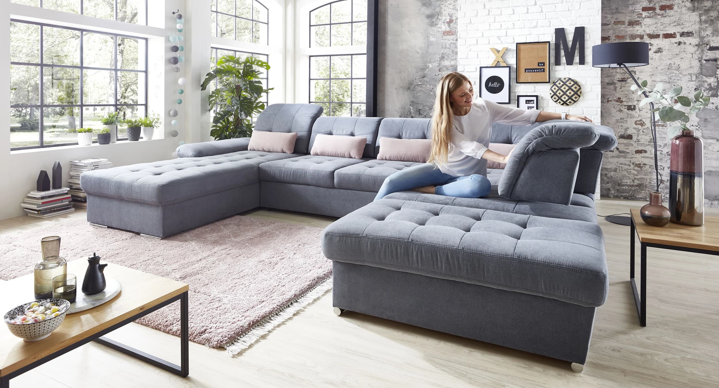 Wohnlandschaft - Longchair links, 3-Sitzer, Ecke rechts inkl. Schlaffunktion, Bettkasten, 