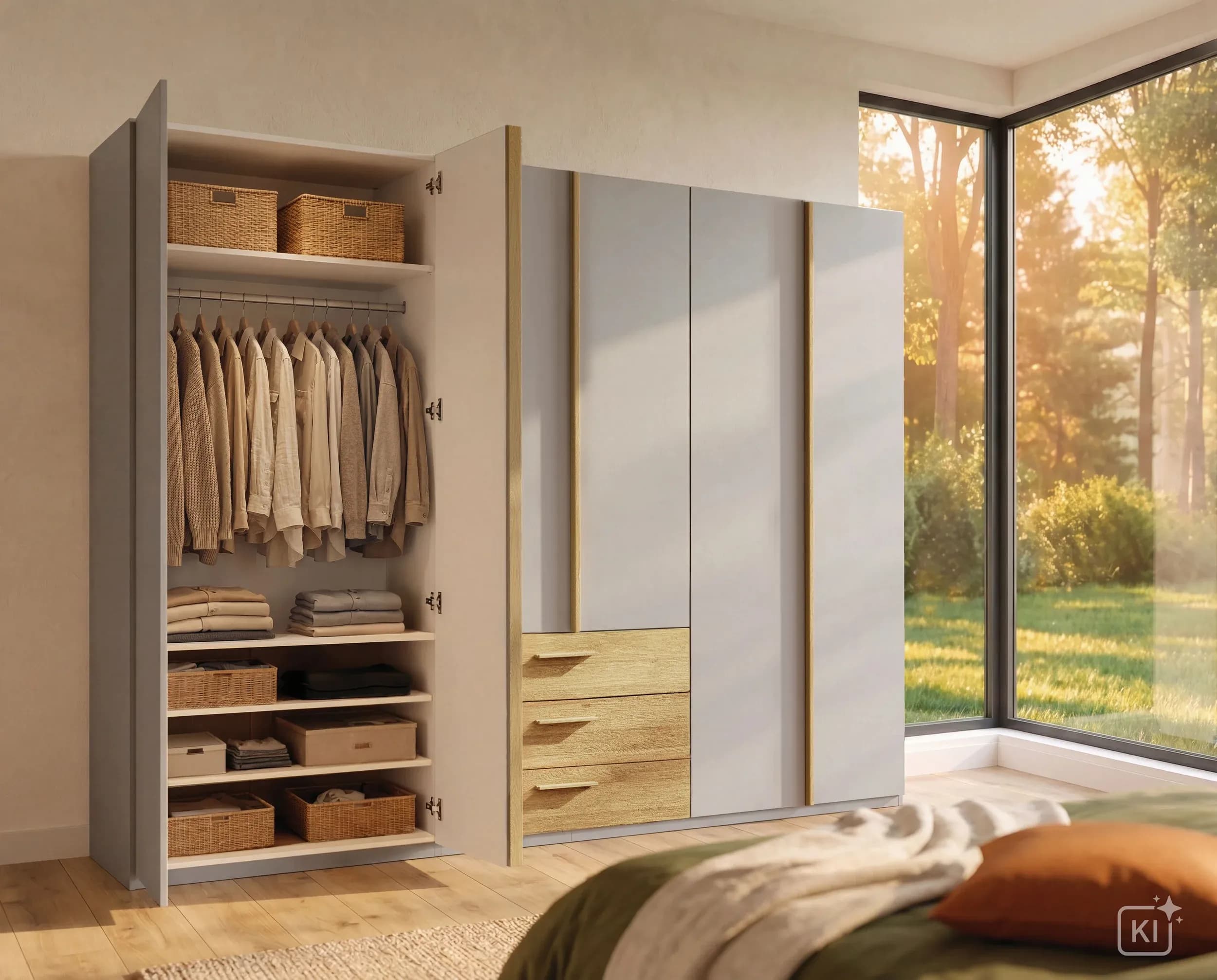 Drehtürenschrank Caluma - B. ca. 300cm, Furnier, Balkeneiche, Taupe