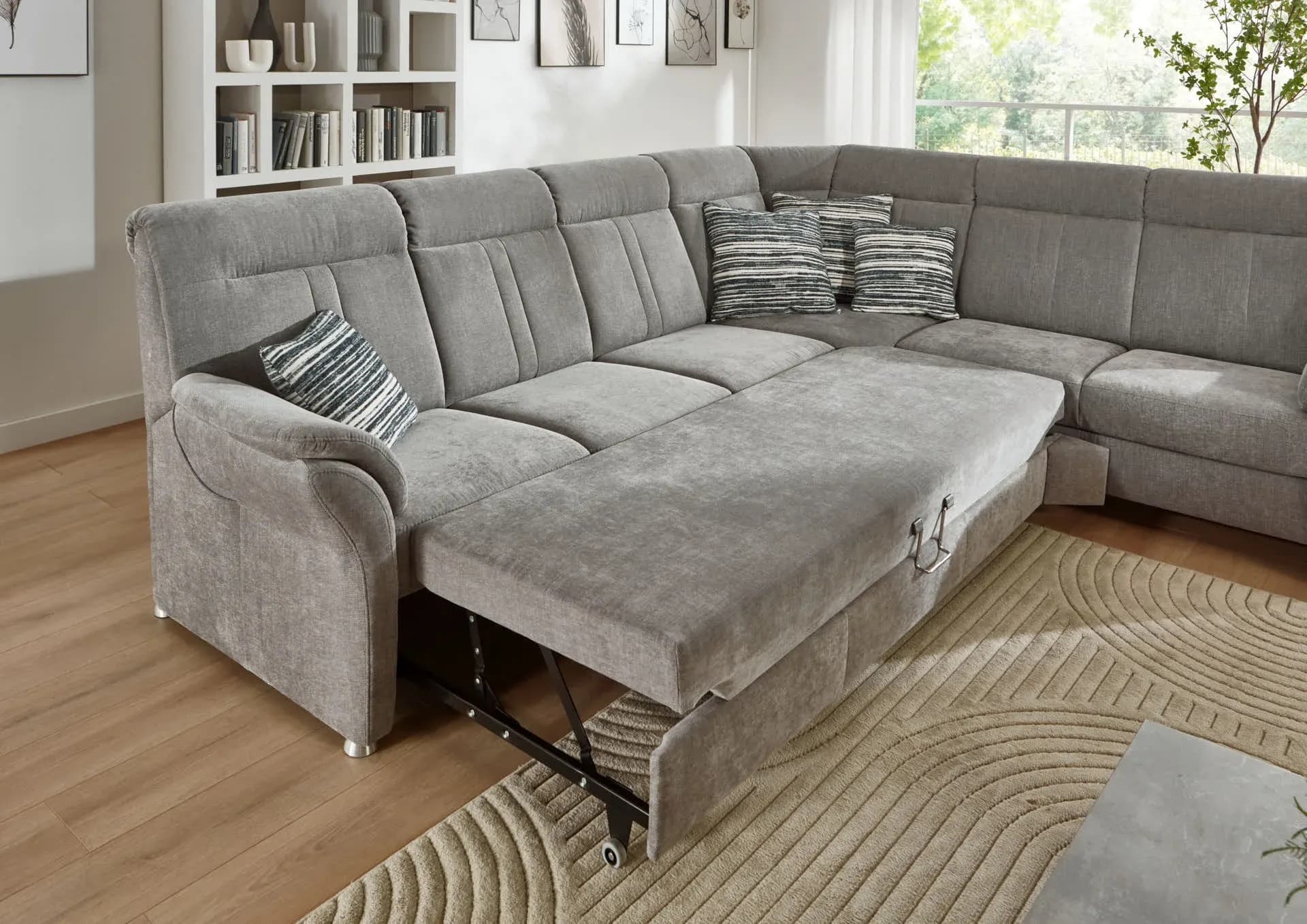 Ecksofa - 3-Sitzer mit Ecke rechts, Schlaffunktion mit Bettkasten, Stoff, Grau
