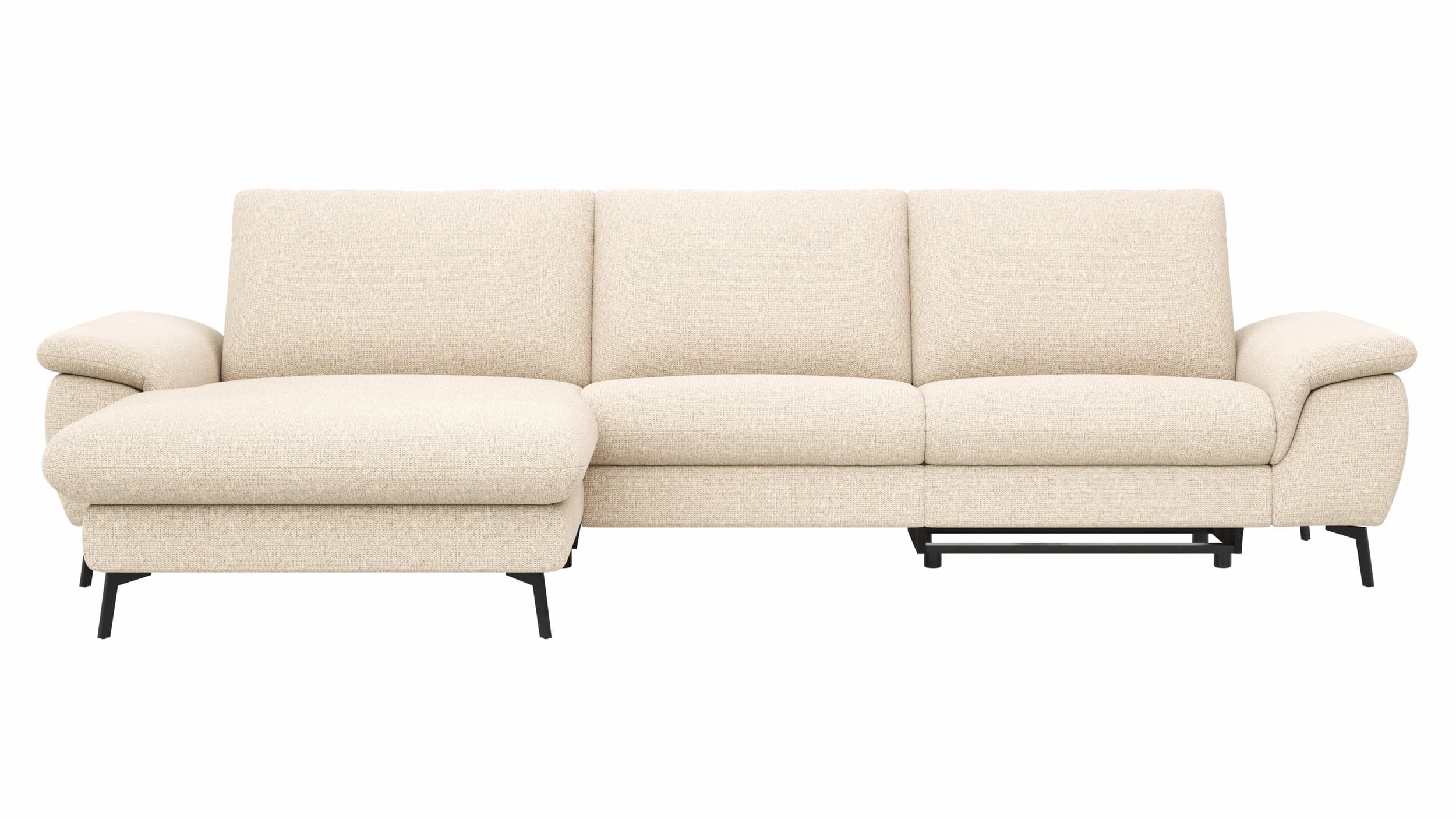 Ecksofa Gotera - Longchair groß mit 1,5-Sitzer med + 1,5-Sitzer med rechts inkl. Schlaffunktion (teilmotorisch), Armlehne klappbar, Rückenlehne verstellbar und einmal Relaxfunktion (teilmotorisch), Stoff, Creme