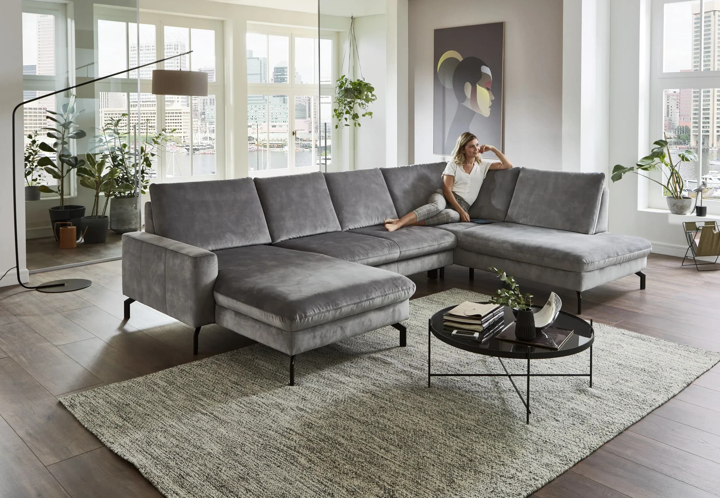 Wohnlandschaft - Longchair links, 2,5-Sitzer, Ecke rechts, Velour, Silbergrau