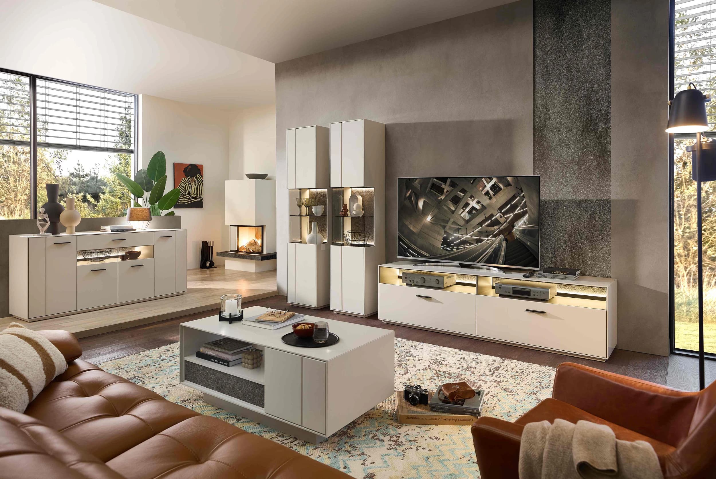 Couchtisch - mit Schubkasten, LBH ca. 110x60x45 cm, Creme Lack, Absetzung: Granit Steinfurnier