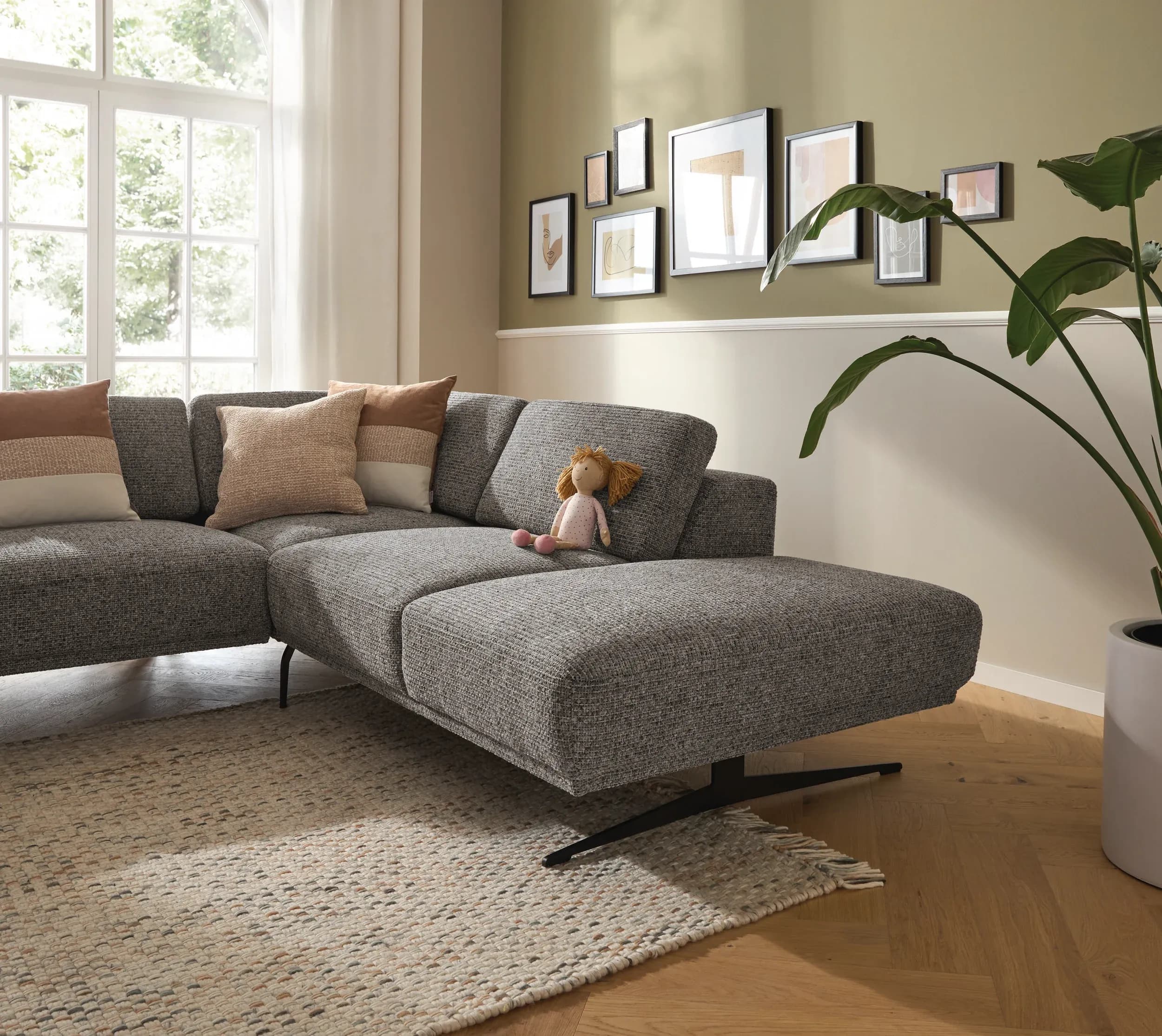 Ecksofa Benissa - Ecke und Abschlussteil mit 2,5-Sitzer rechts inkl. Rückenlehne verstellbar, Stoff, Dunkelgrau