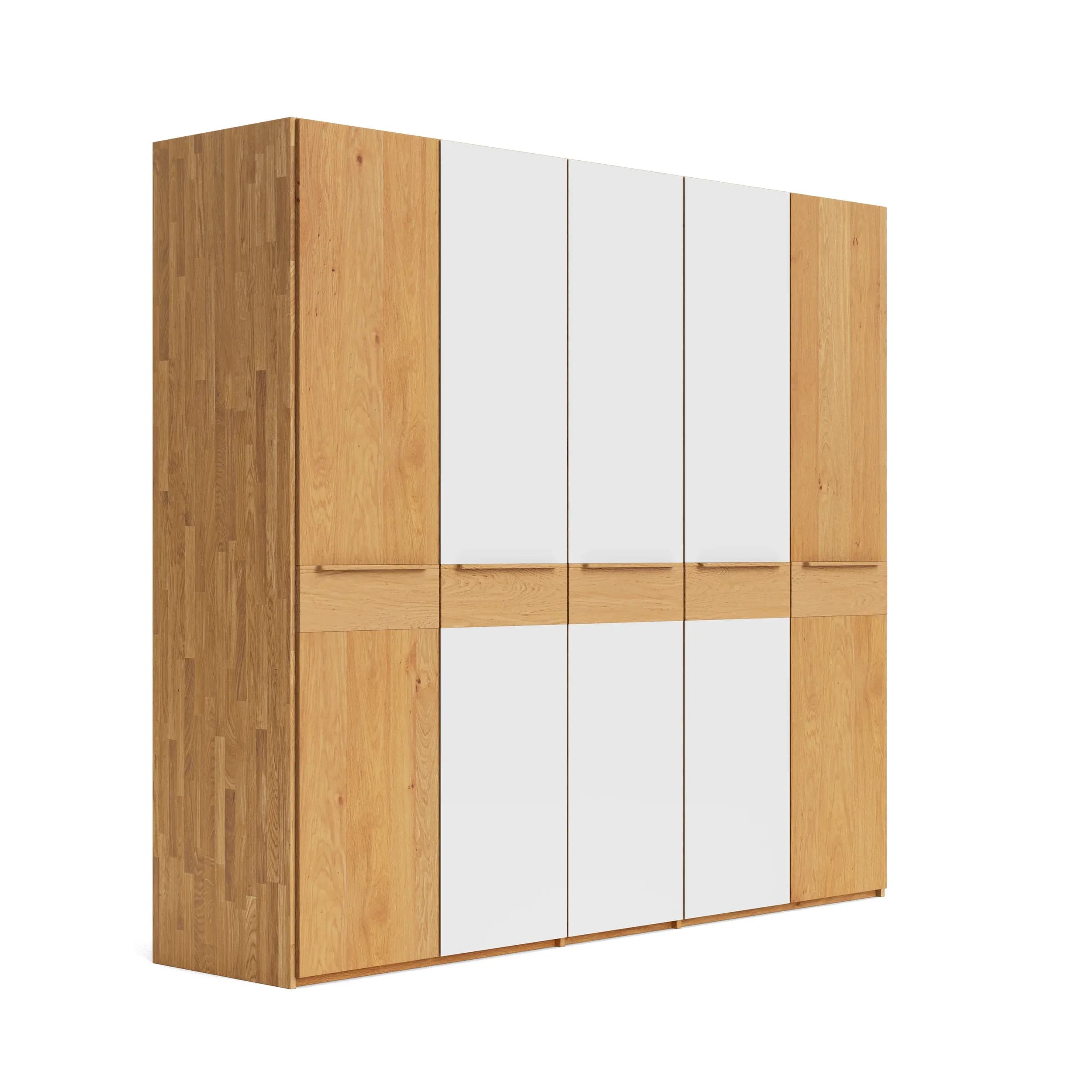 Drehtürenschrank Baltimore - B ca. 244 cm, Wildeiche massiv, Glas Cremeweiß matt