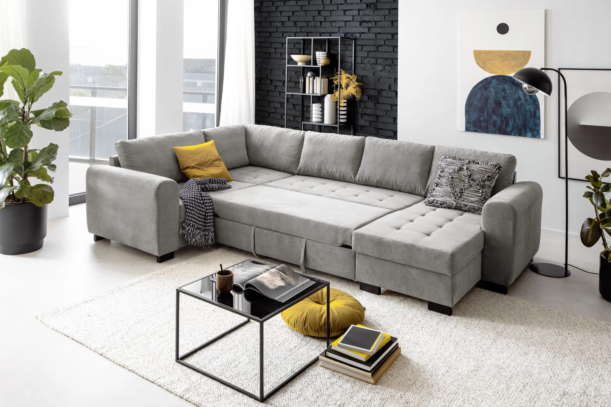Wohnlandschaft - Ecke rechts, 2-Sitzer, Longchair links, Stoff, Grau