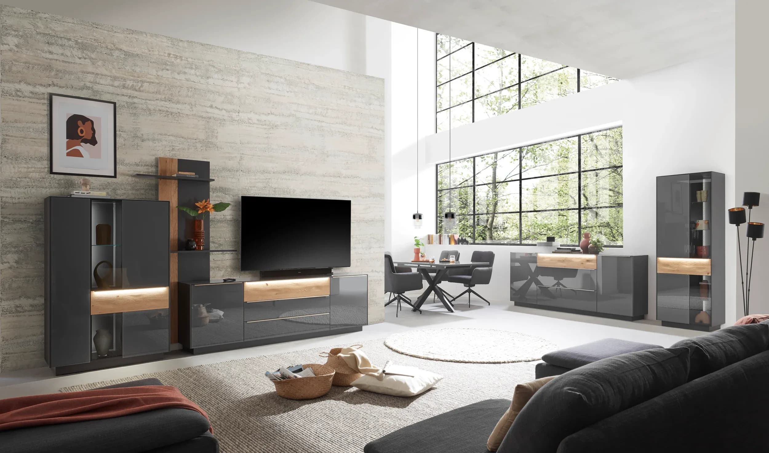 Highboard - mit Beleuchtung, B ca. 96 cm, Anthrazit, Eiche massiv