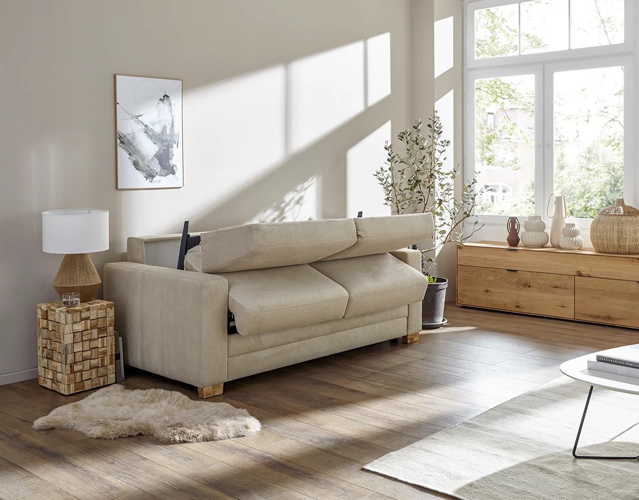 Sofa Lakeville 1 - 2-Sitzer inkl. Schlaffunktion, Gestell Schwarz, Stoff, Beige