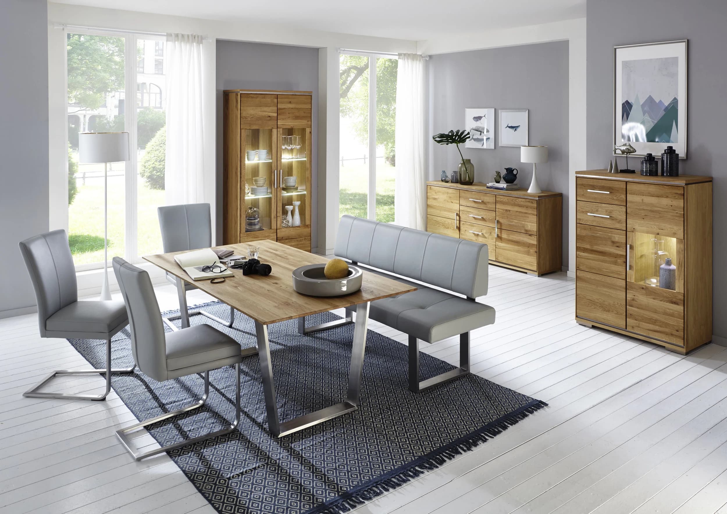 Highboard - mit Beleuchtung, Wildeiche massiv